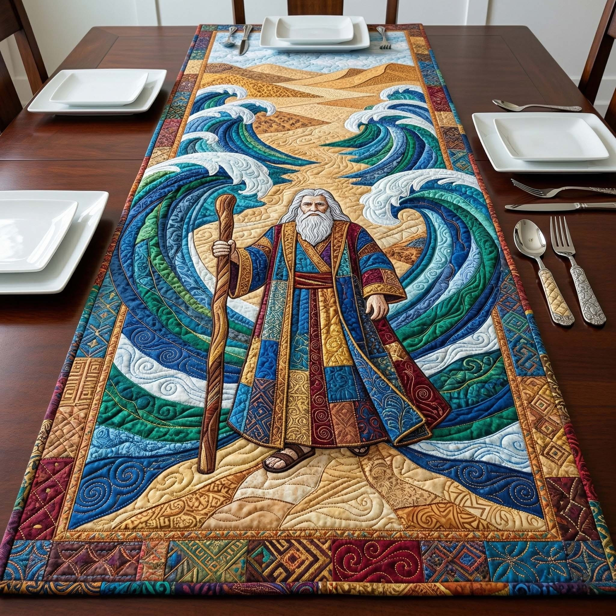 Sacred Pesach Quilted Table Runner Moses Parting The Red Sea Holiday Home Decor Passover Gifts