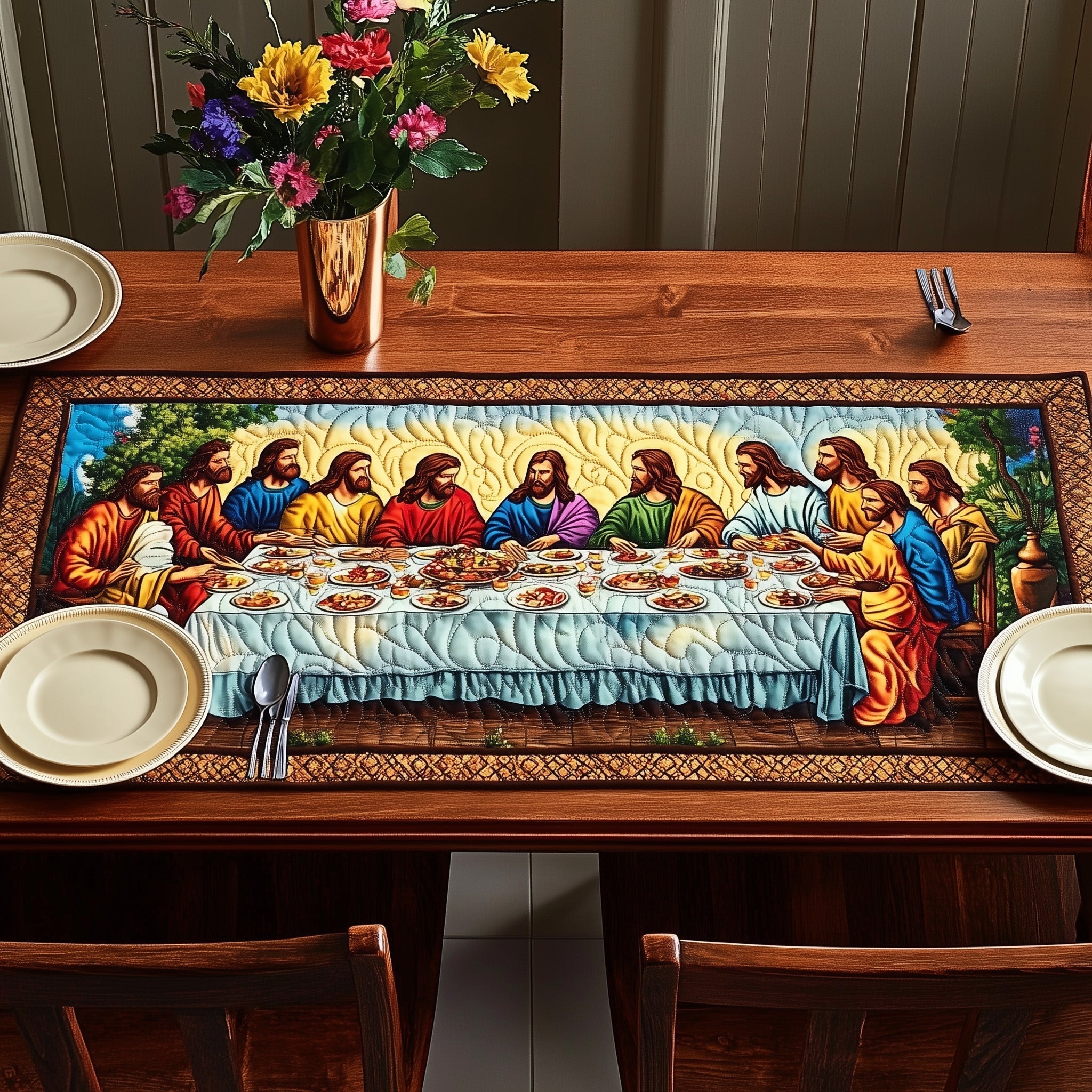 Sacred Supper Quilted Table Runner Dining Decor Father'S Day Gift Ideas For Church
