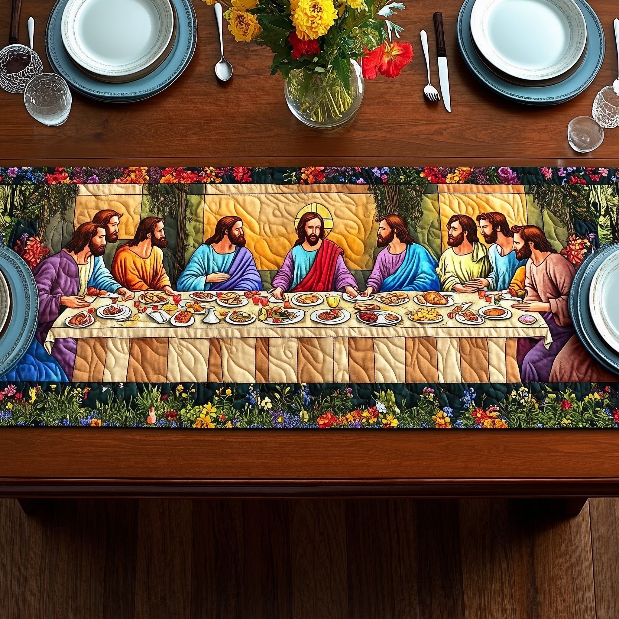 Sacred Supper Quilted Table Runner Dining Table Runner Christian Men'S Gifts Ideas