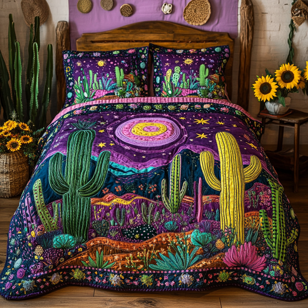 Saguaro Glow Quilted Bedding Set Best King Bed Sheets Novelty Cactus Gifts