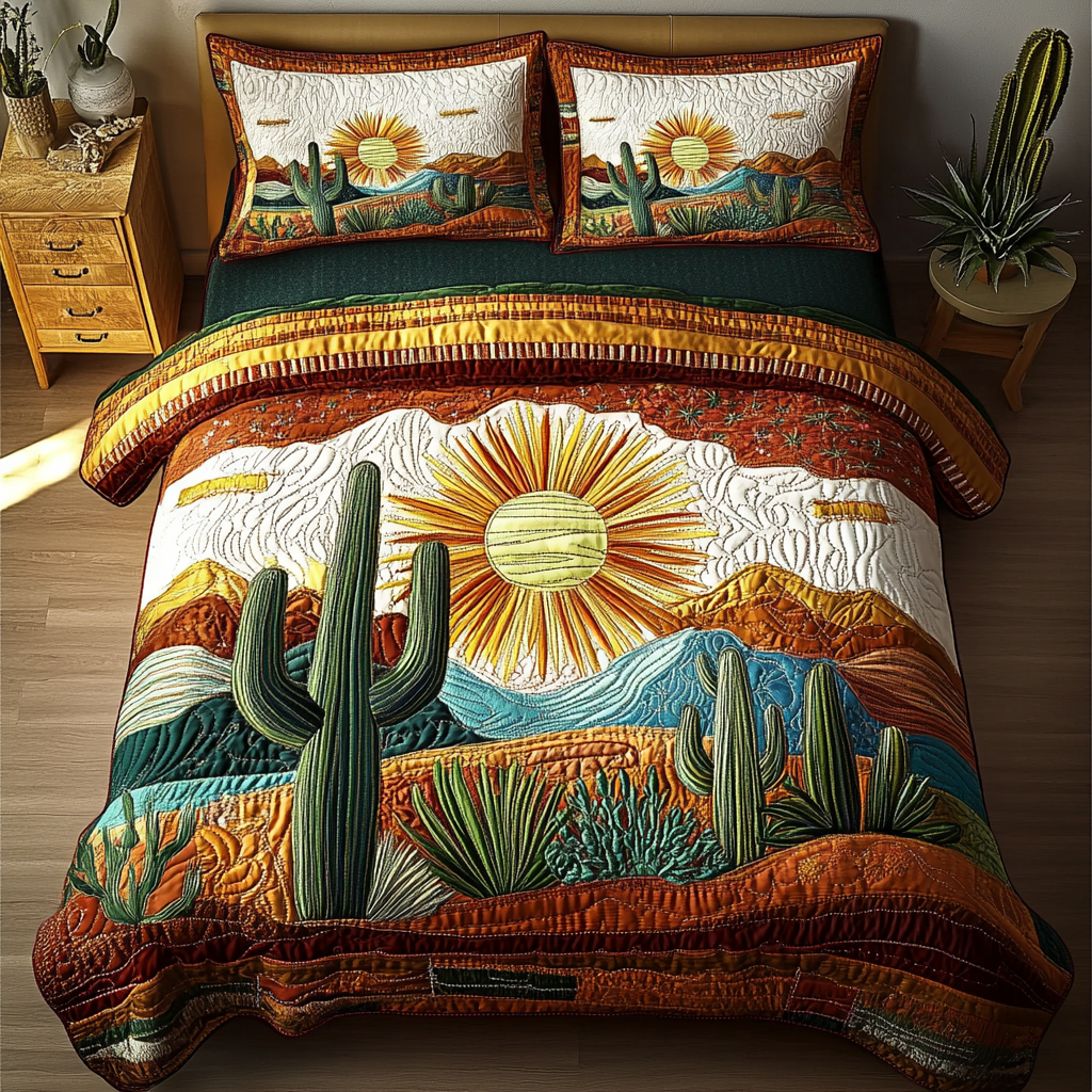 Saguaro Sunset Quilted Bedding Set Best Bedspread Set Succulent Gift Ideas
