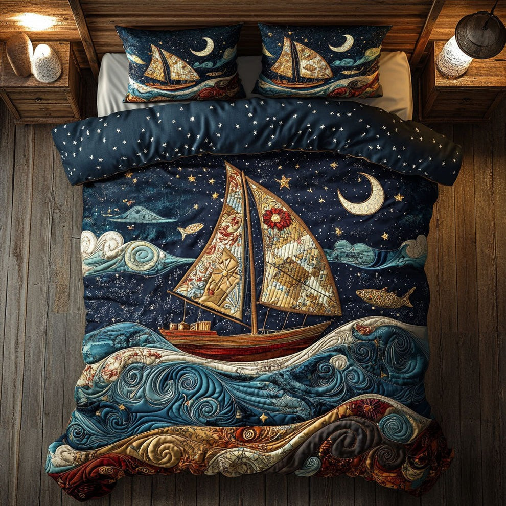 Sailing Through The Stars Quilted Bedding Set Majestic Christmas Gifts For Boat Lovers