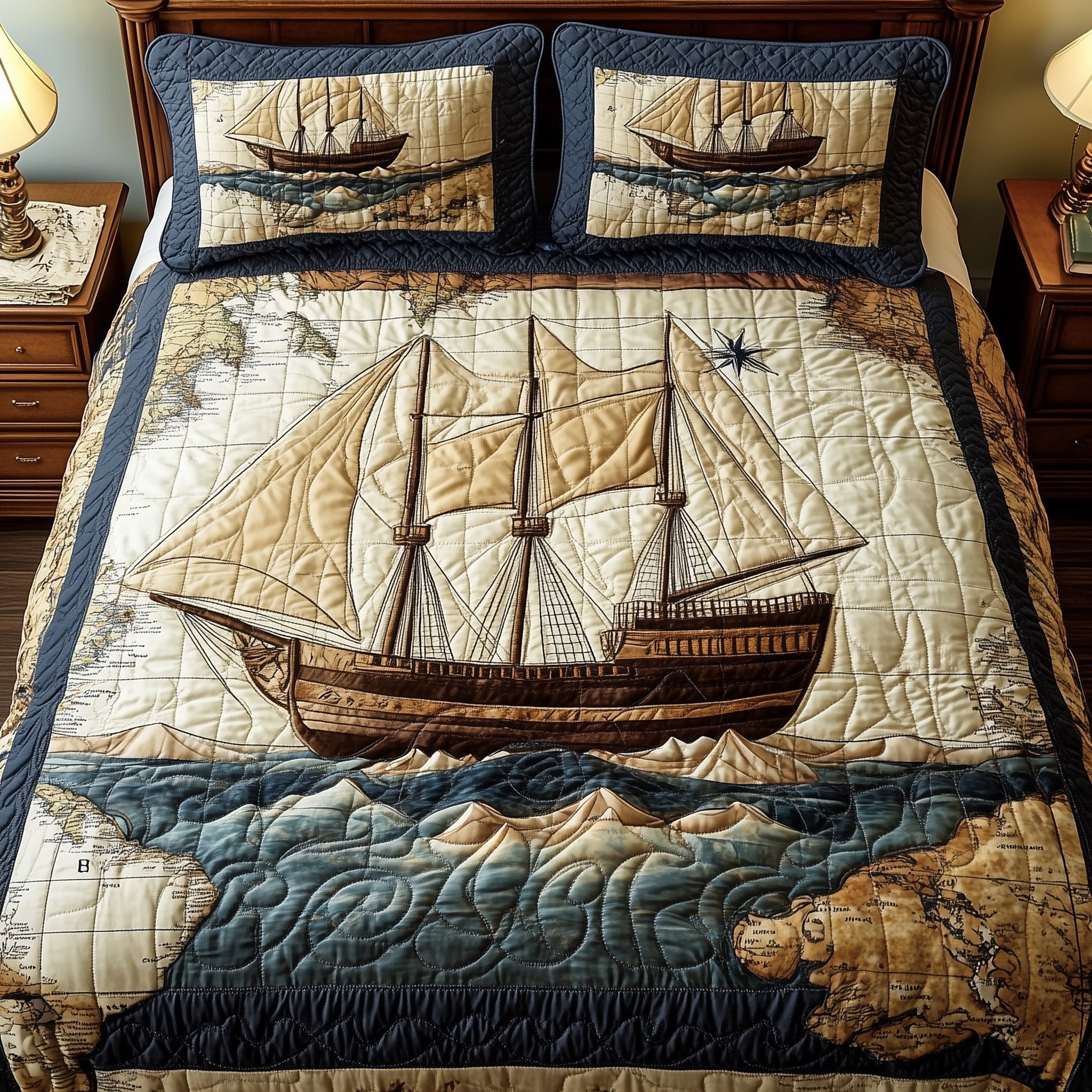 Sailing Through Time Quilted Bedding Set Queen Bed Set Cute Mothers Day Gift Ideas
