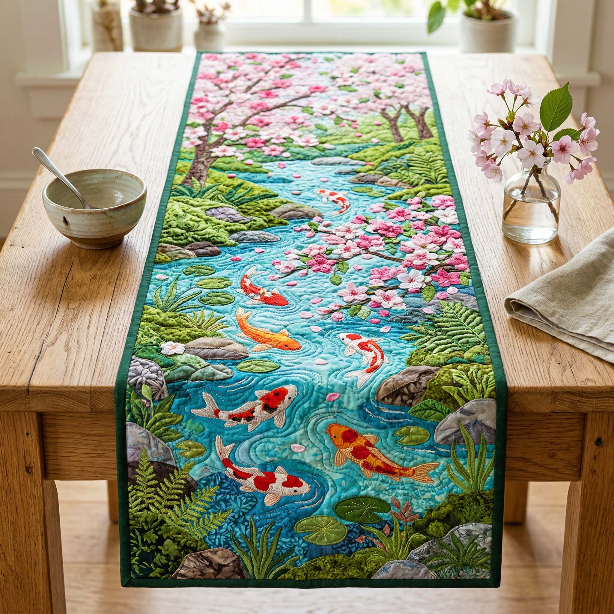 Sakura Koi Quilted Table Runner Table Runner Dining Table Koi Fish Merchandise Items
