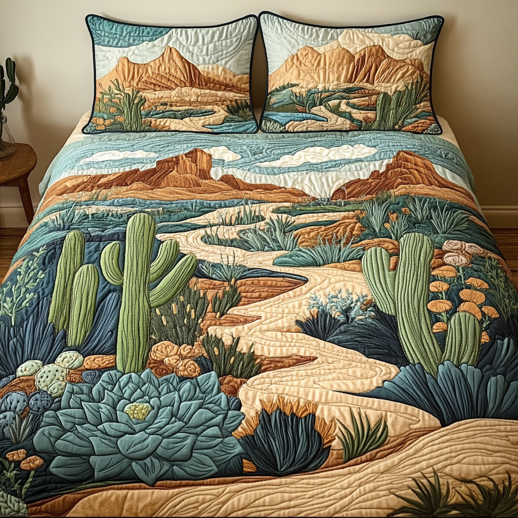 Sandy Trails Quilted Bedding Set Bed Room Decoration Cactus Gifts For Ladies