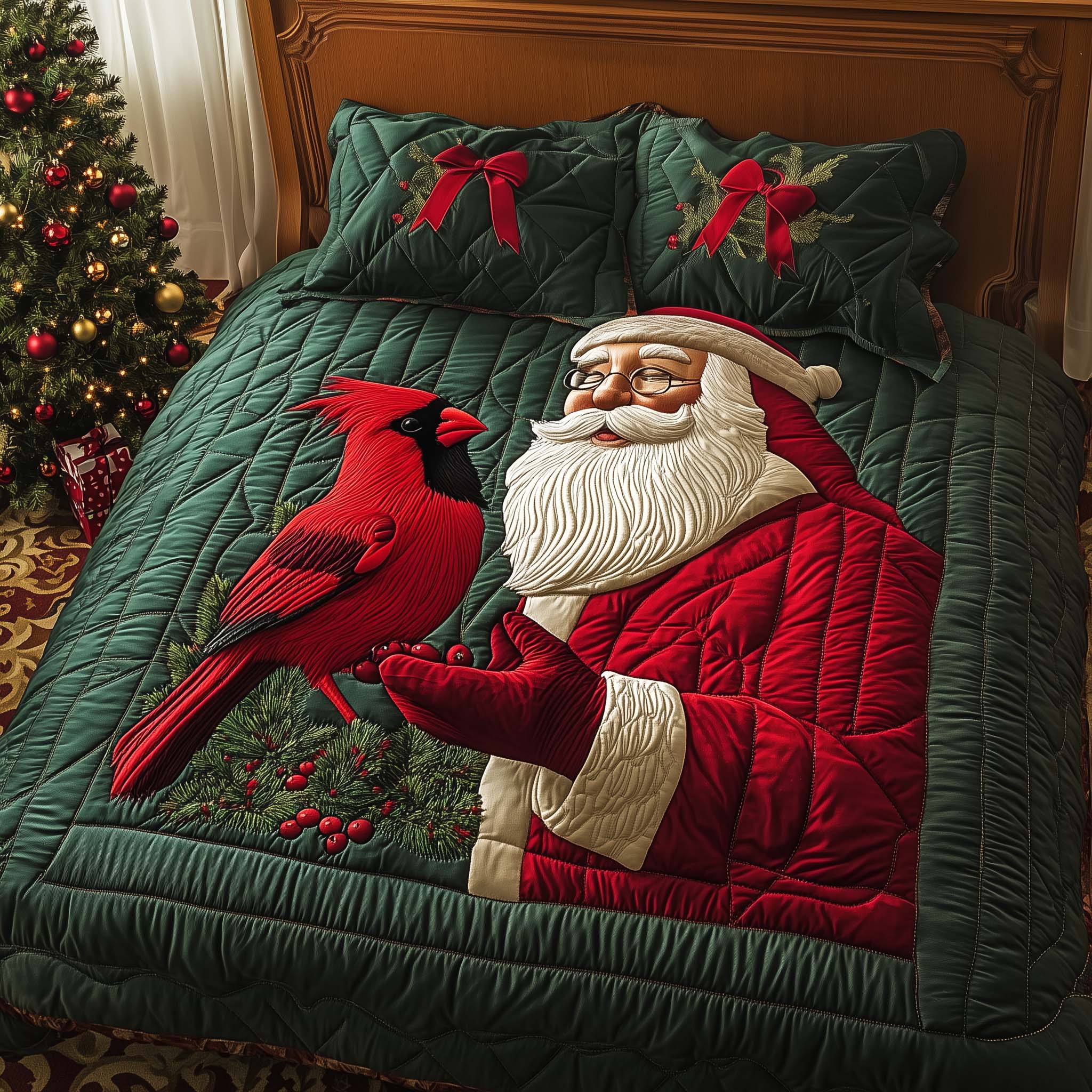Santa Cardinal Quilted Bedding Set Christmas Duvet Cardinal Themed Gifts