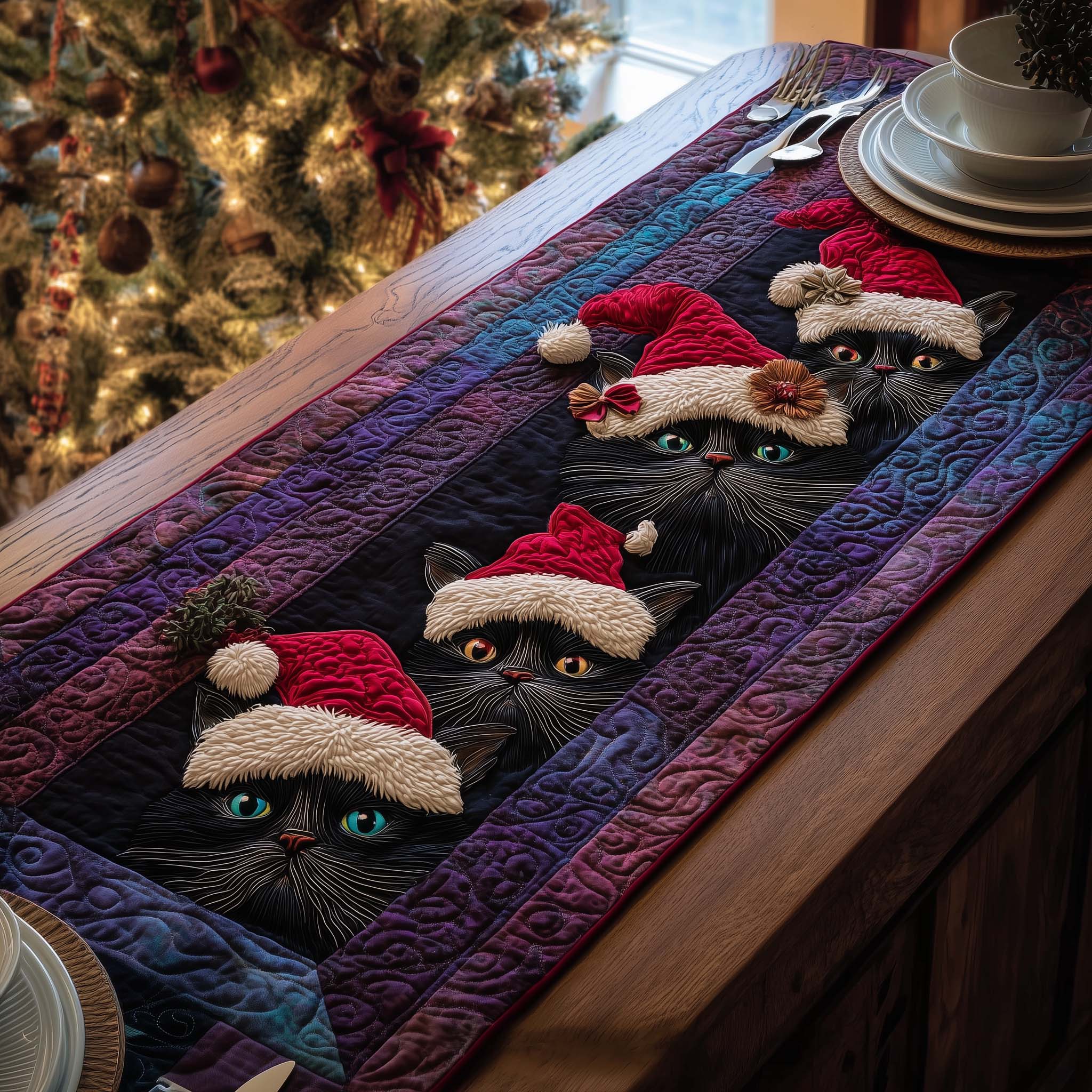 Santa Cats Quilted Table Runner Holiday Dining Table Decor Best Cat Presents