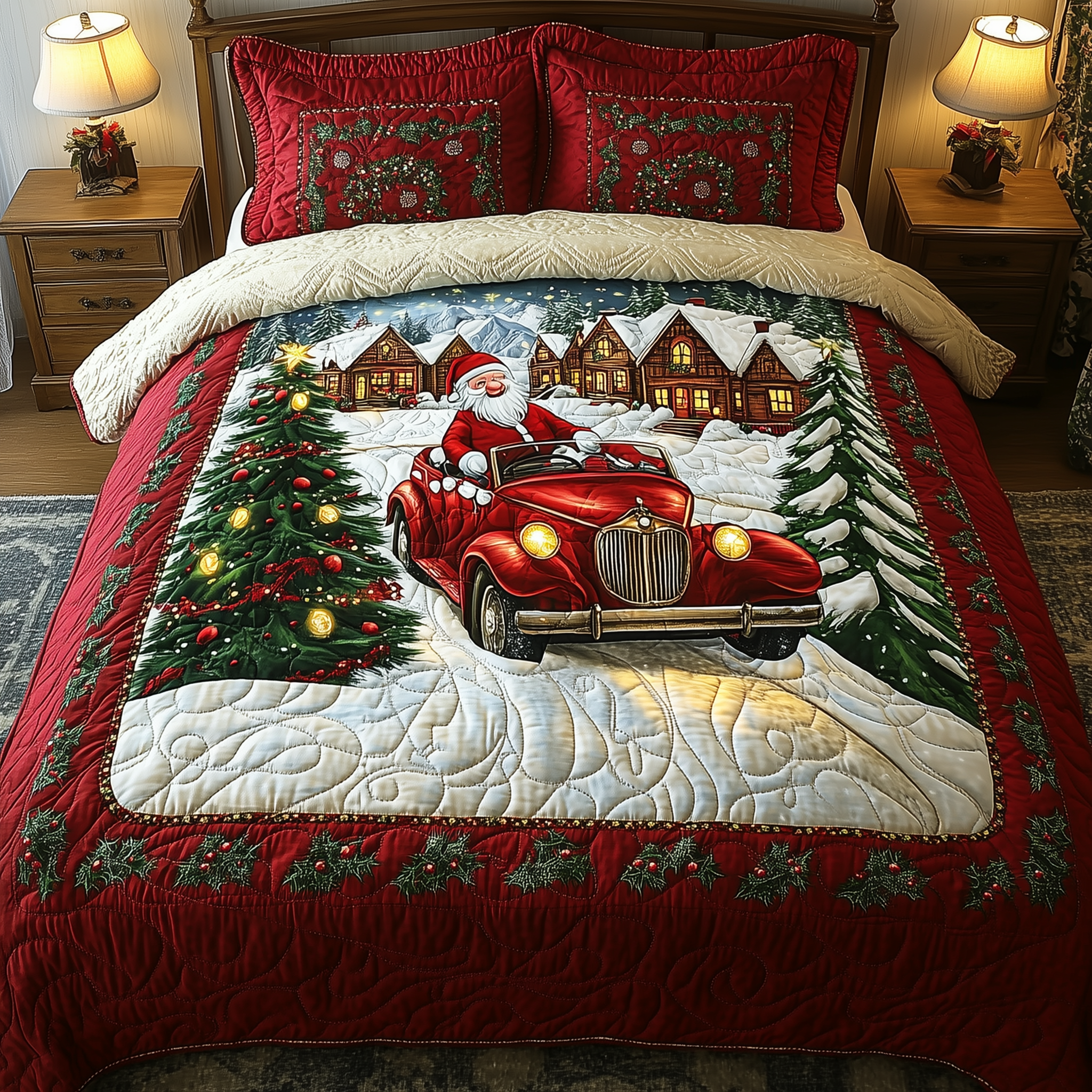 Santa Christmas Drive Quilted Bedding Set Christmas Bedspread Sets Christmas Presents