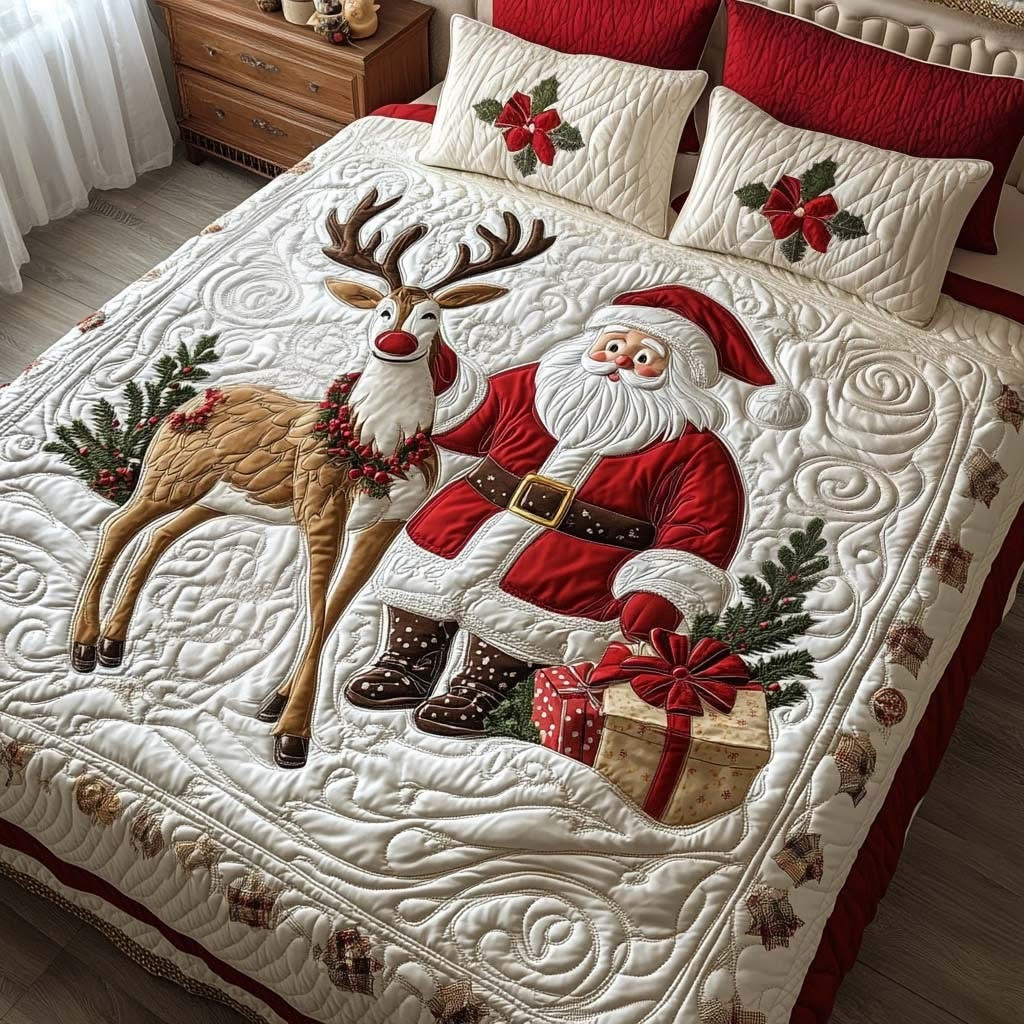 Santa Claus Deer Christmas Quilt Bedding Set Duvet Cover Holiday Bedspread Set Xmas Presents
