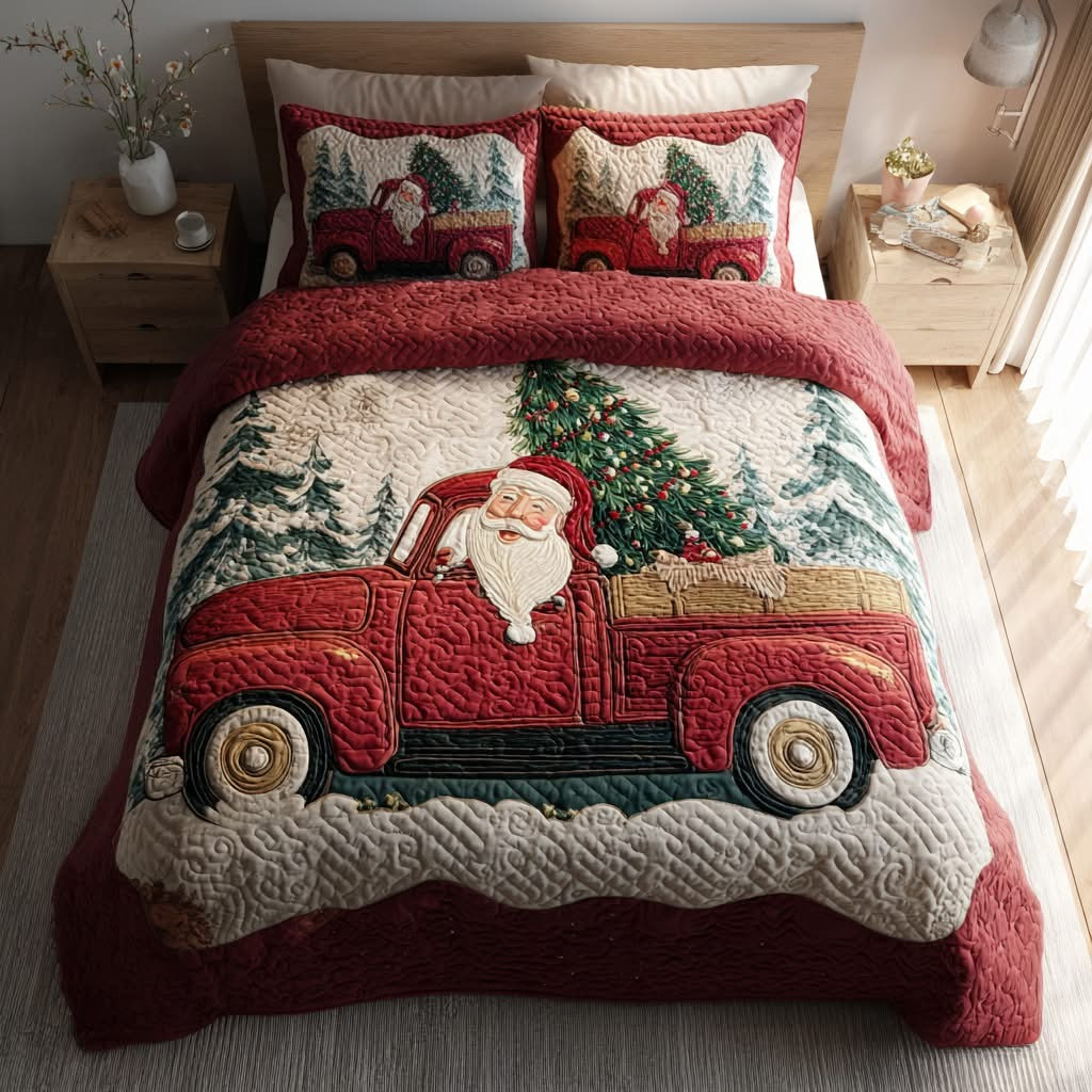 Santa Red Truck Quilted Bedding Set Christmas Duvet Cover Holiday Bedroom Decorations