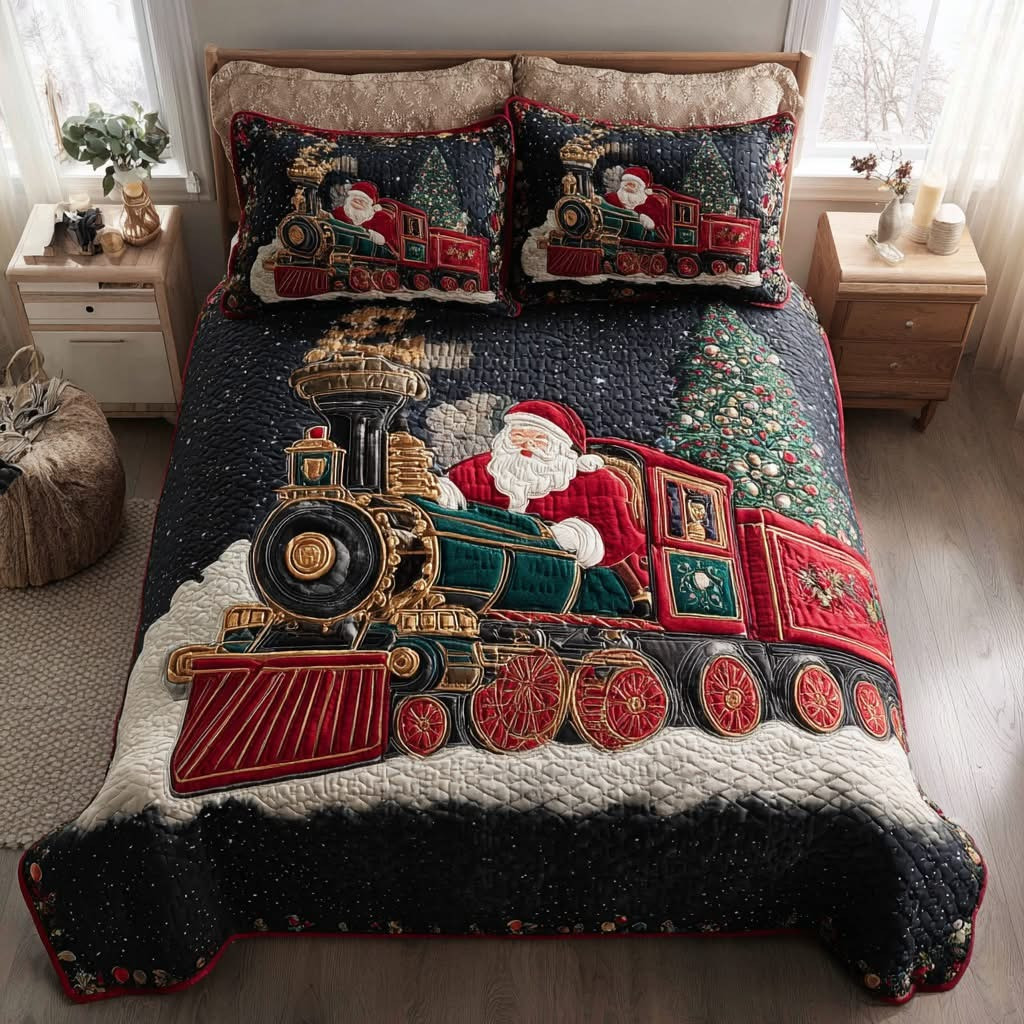 Santa Riding Express Train Christmas Quilted Bedding Set Holiday Duvet Cover Gift Ideas