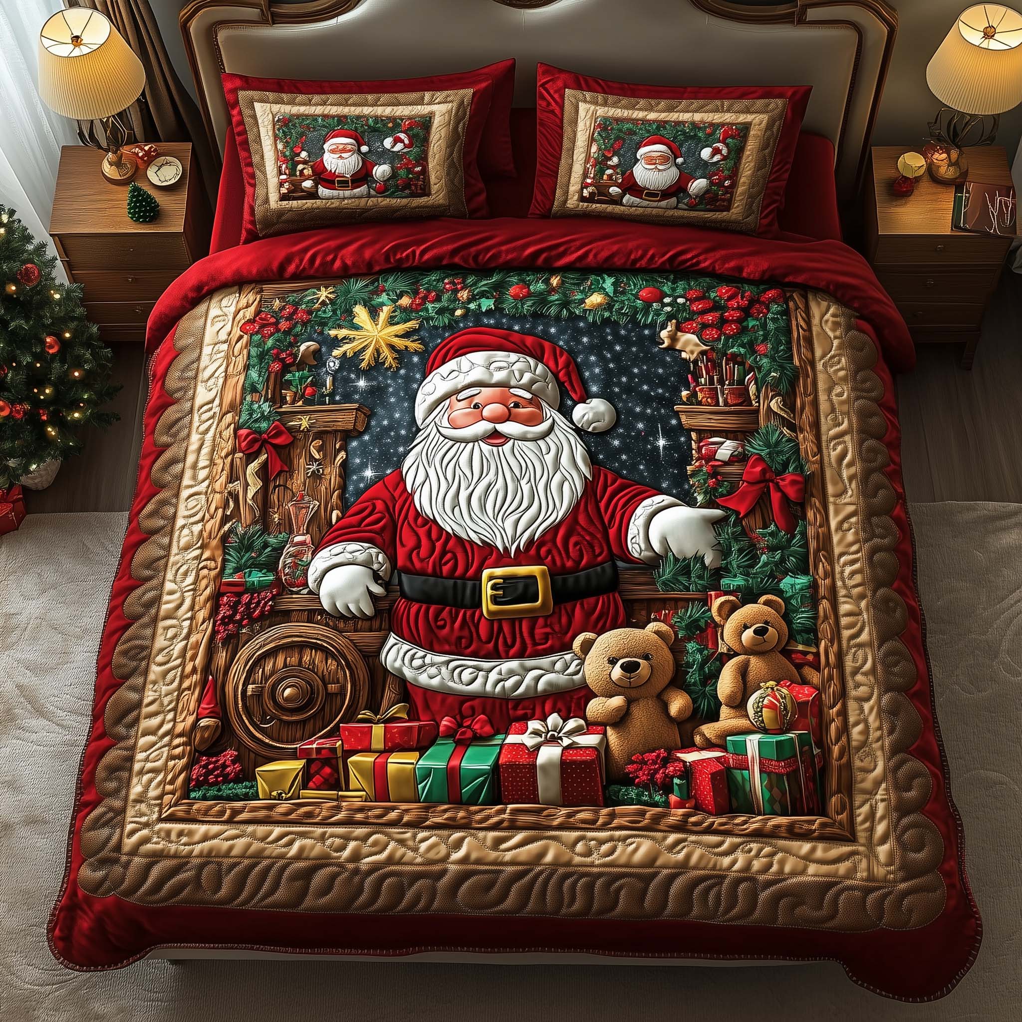 Santa Shop Quilted Bedding Set Bedroom Xmas Decor Best Christmas Gift Ideas