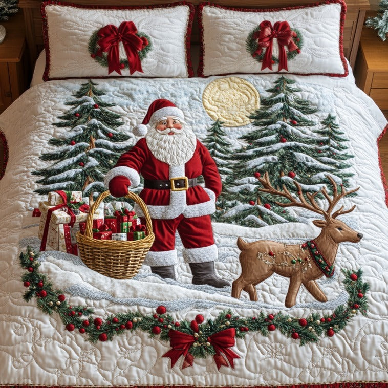 Santa Winter Magic Scene Quilted Bedding Set Best Christmas Duvet Cover Set Bed Room Decor