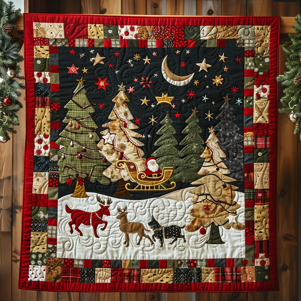 Santa's Night Sleigh Ride Quilted Blanket Bed Christmas Decor Gifts For The Family Christmas