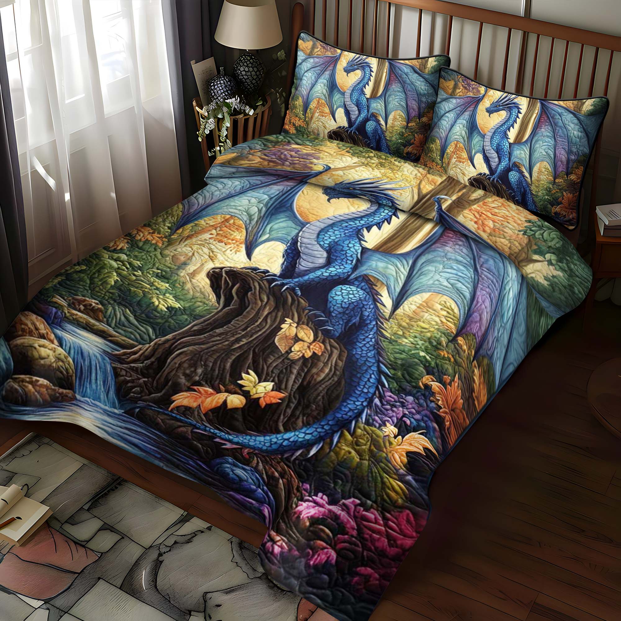 Sapphire Flight Quilted Bedding Set Best Bedspread Set Dragon Gifts For Men