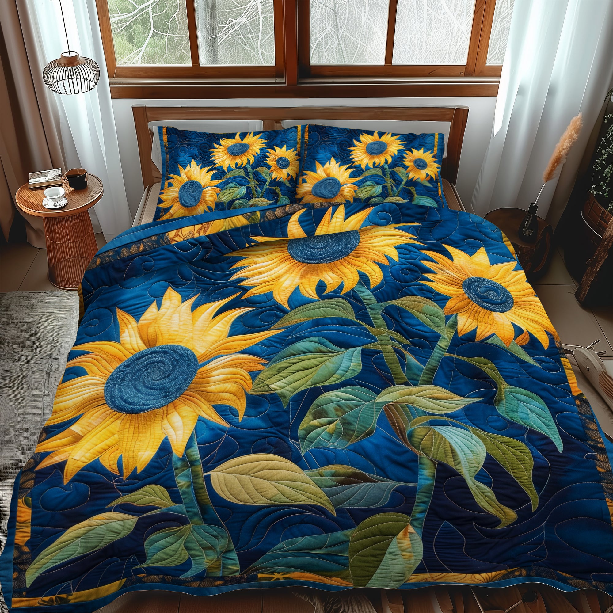 Sapphire Sunflower Quilted Bedding Set Cute Bed Sheets Sunflower Gift Items