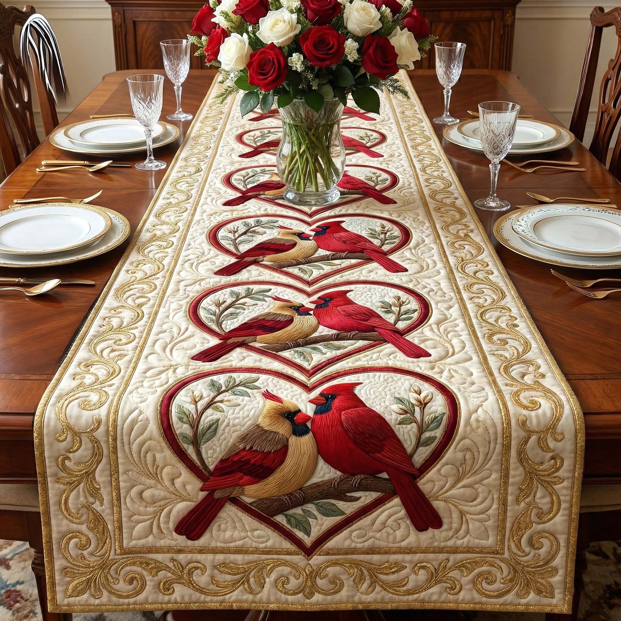 Scarlet Romance Quilted Table Runner Pink Valentine Table Runner Cardinal Bird Gifts