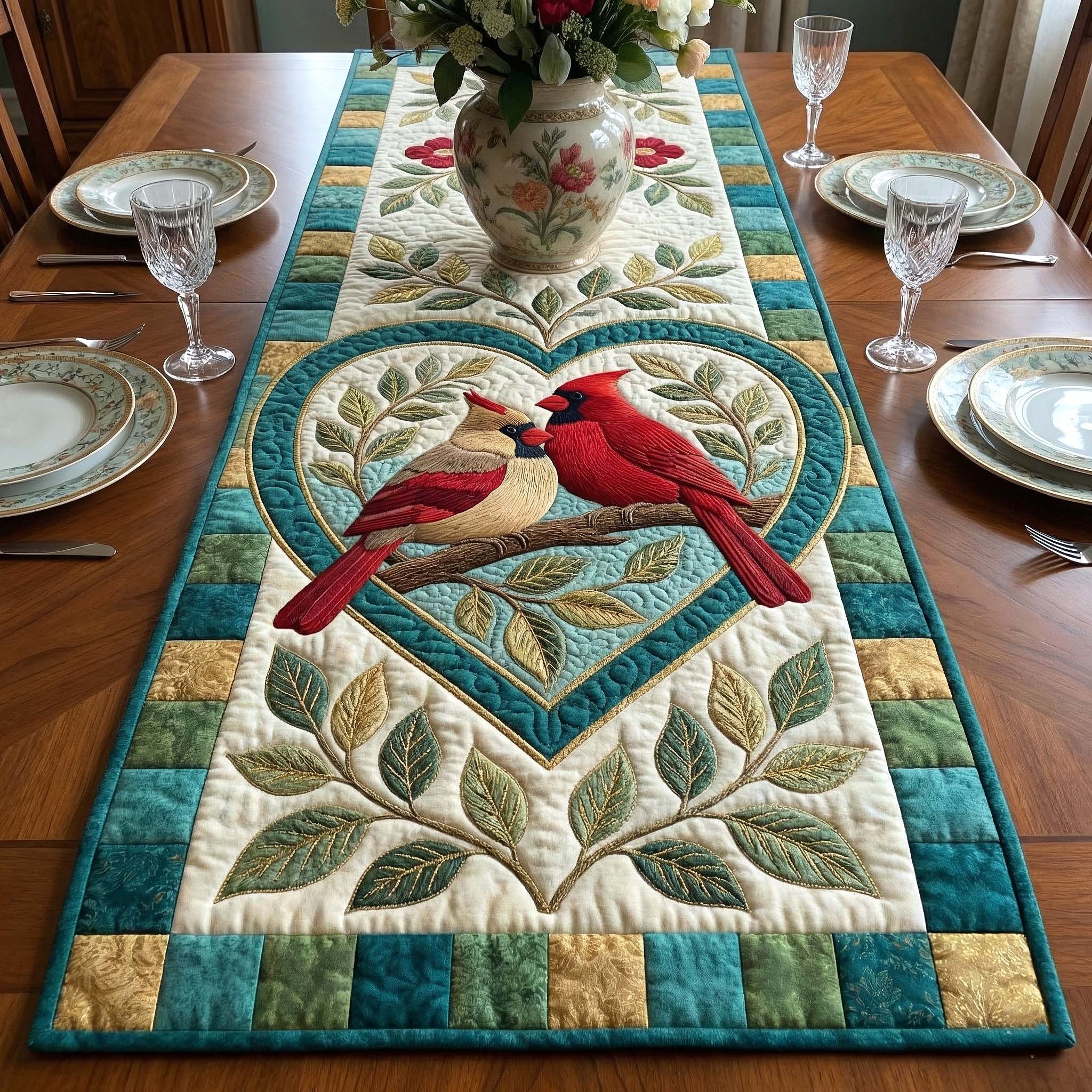 Scarlet Romance Quilted Table Runner Table Runner With Hearts Cardinal Themed Gifts