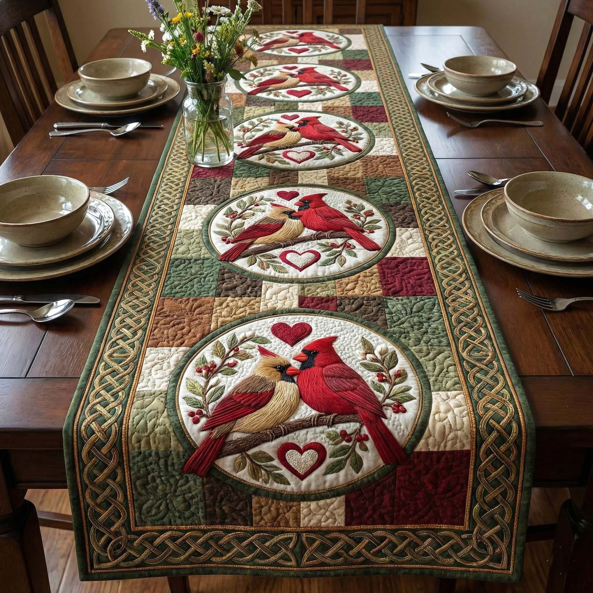 Scarlet Romance Quilted Table Runner Valentines Day Table Decor Gifts For Cardinal Lovers