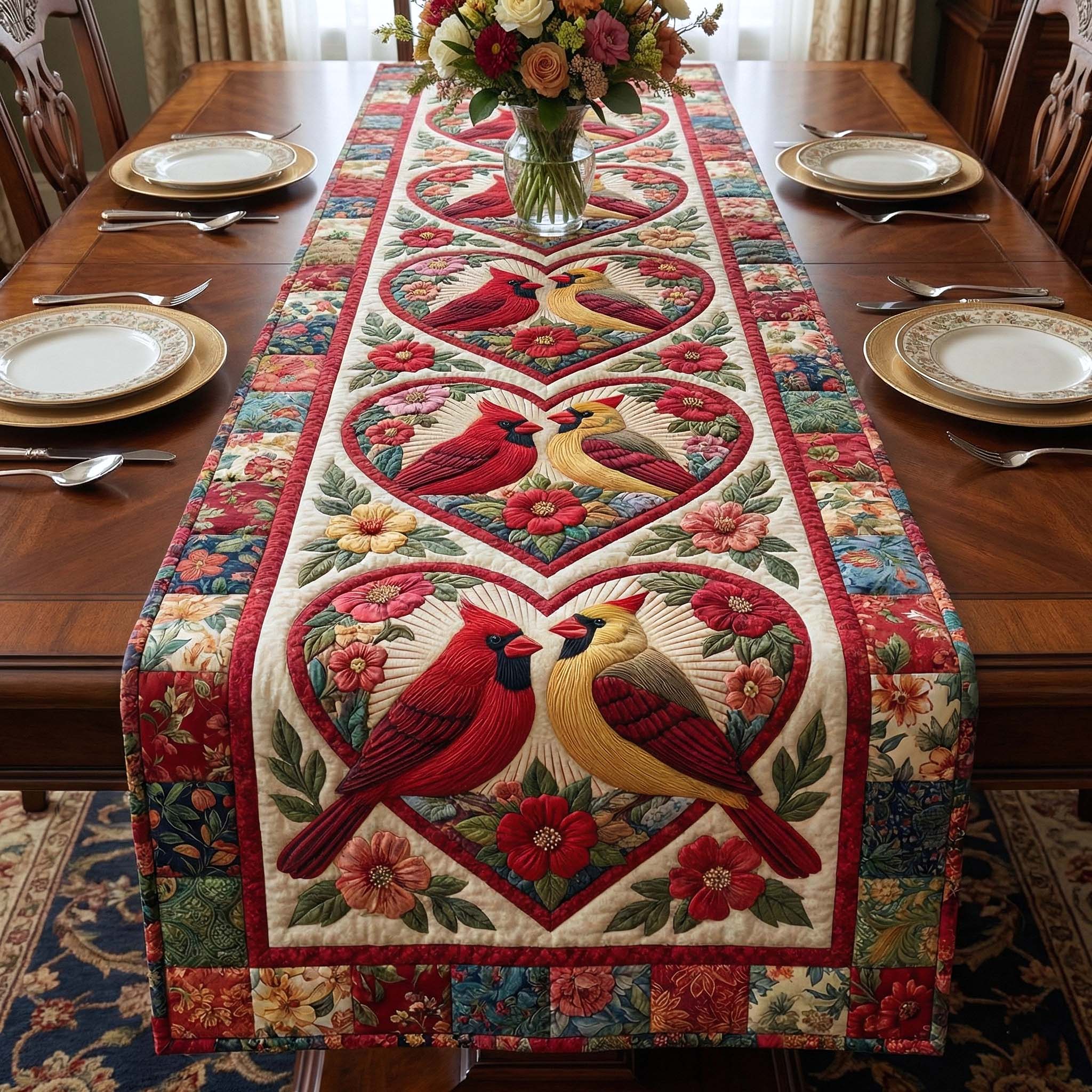 Scarlet Romance Quilted Table Runner Valentine's Day Table Topper Red Cardinal Bird Gifts