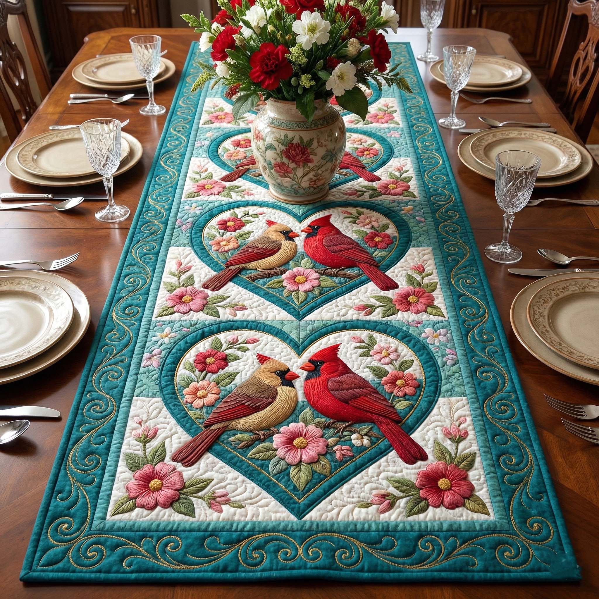 Scarlet Romance Quilted Table Runner Valentines Table Decor Cardinal Gifts For Friend