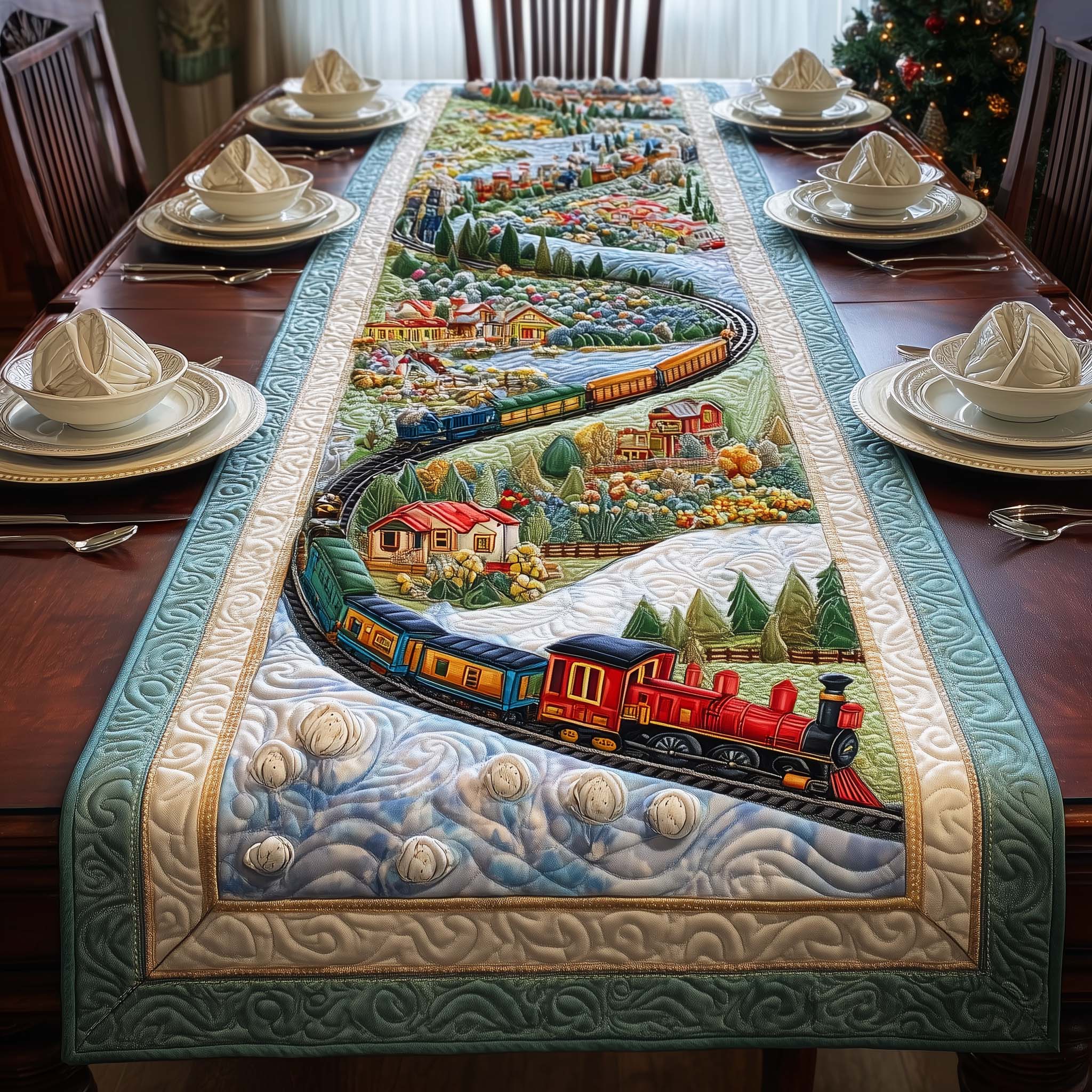 Scenic Train Quilted Table Runner Christmas Dining Room Decor Christmas Gifts For Mom