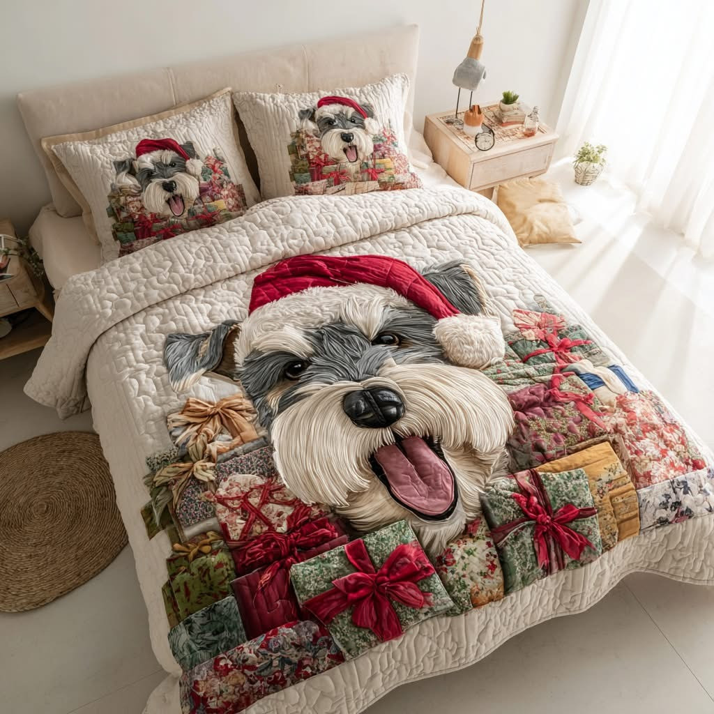 Schnauzer Christmas Quilted Bedding Set Duvet Cover Cute Gifts For Schnauzer Lovers Owners