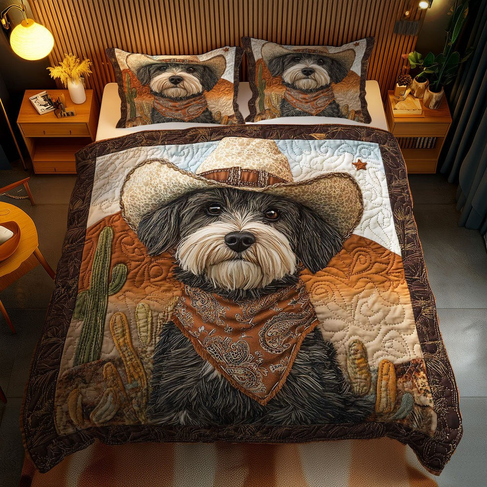 Schnauzer Cowboy Quilted Bedding Set Desert Themed Bed Decor Gifts For Dog Lovers