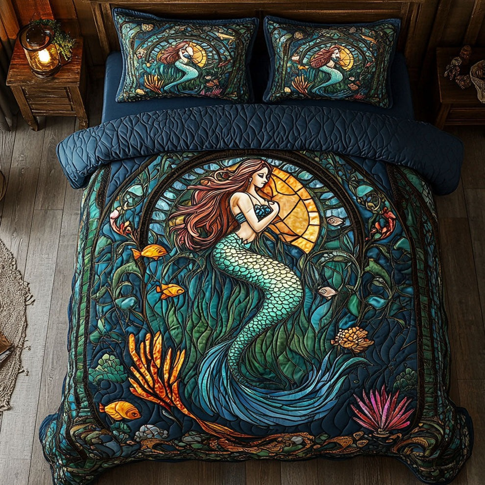 Sea Mermaid Quilted Bedding Set Underwater Bedroom Decor Gift For Mermaid Lover