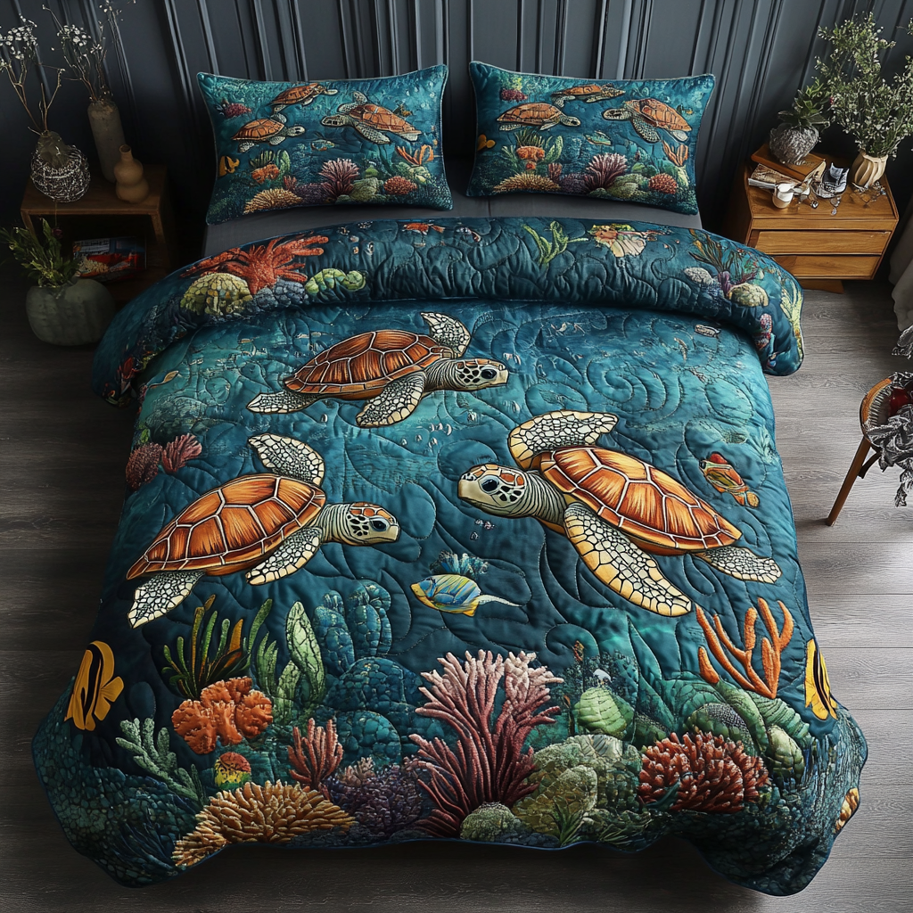 Sea Serenity Quilted Bedding Set Unique Bed Sheet Set Sea Turtle Gifts For Her