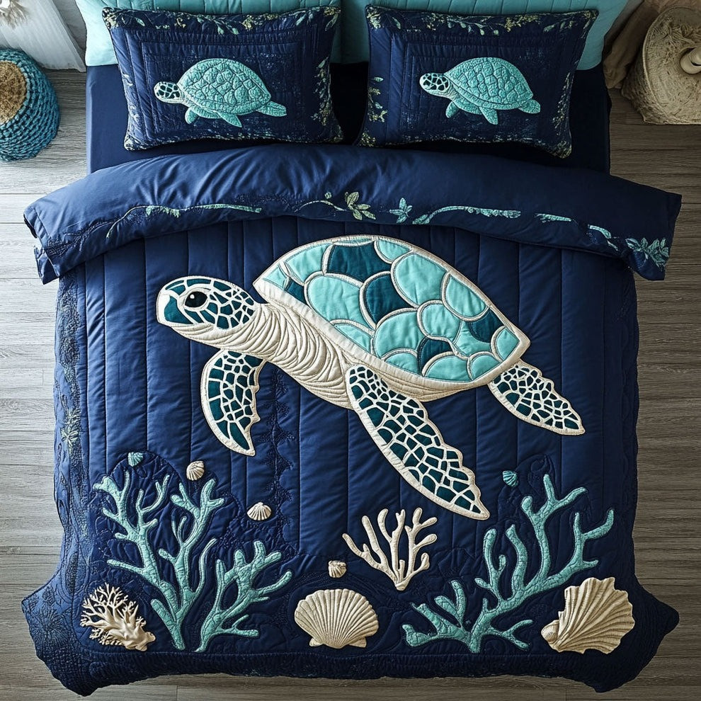 Sea Turtle Aqua Voyage Quilted Bedding Set Bedroom Decor Gift For Turtle Lover