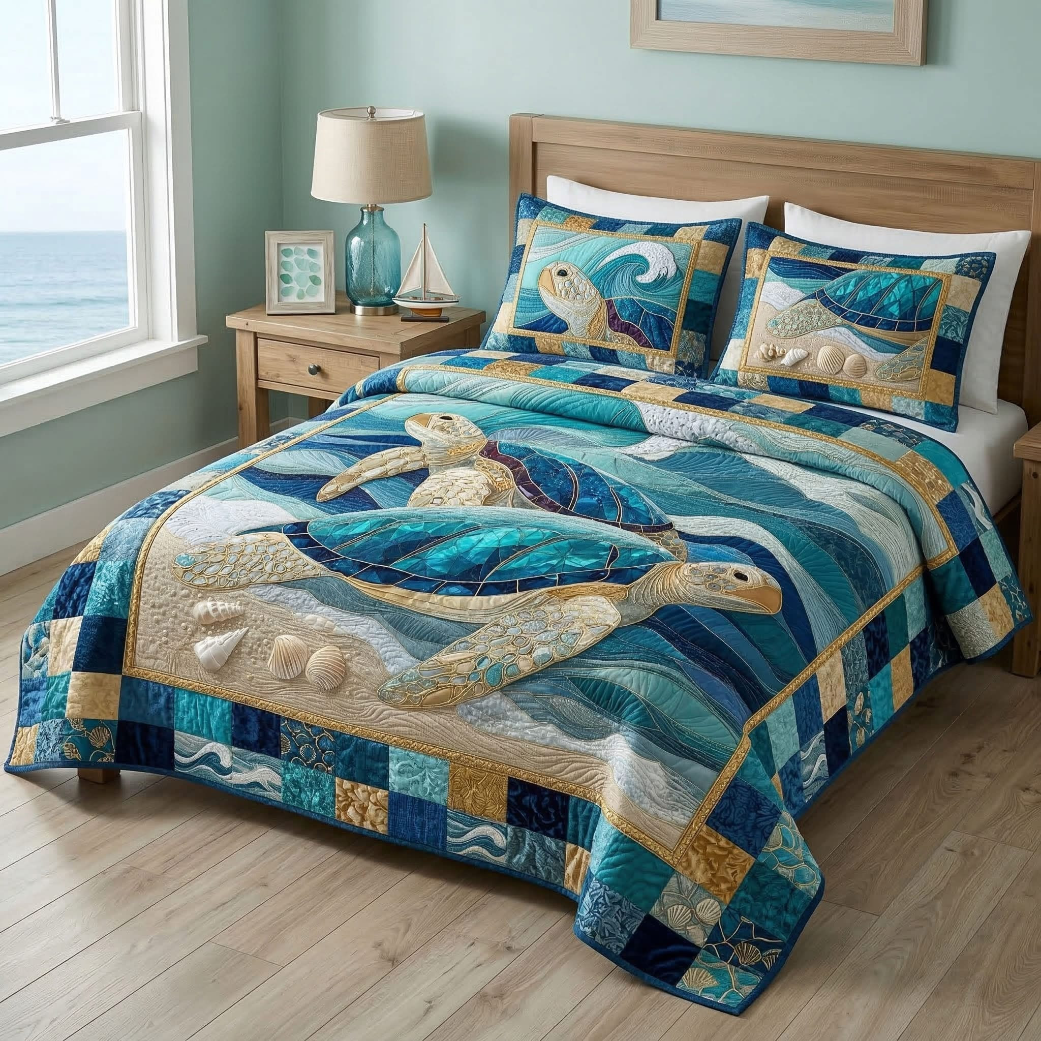 Sea Turtle Blue Ocean Quilted Bedding Set Bedspread Set Best Gifts For Turtle Lovers