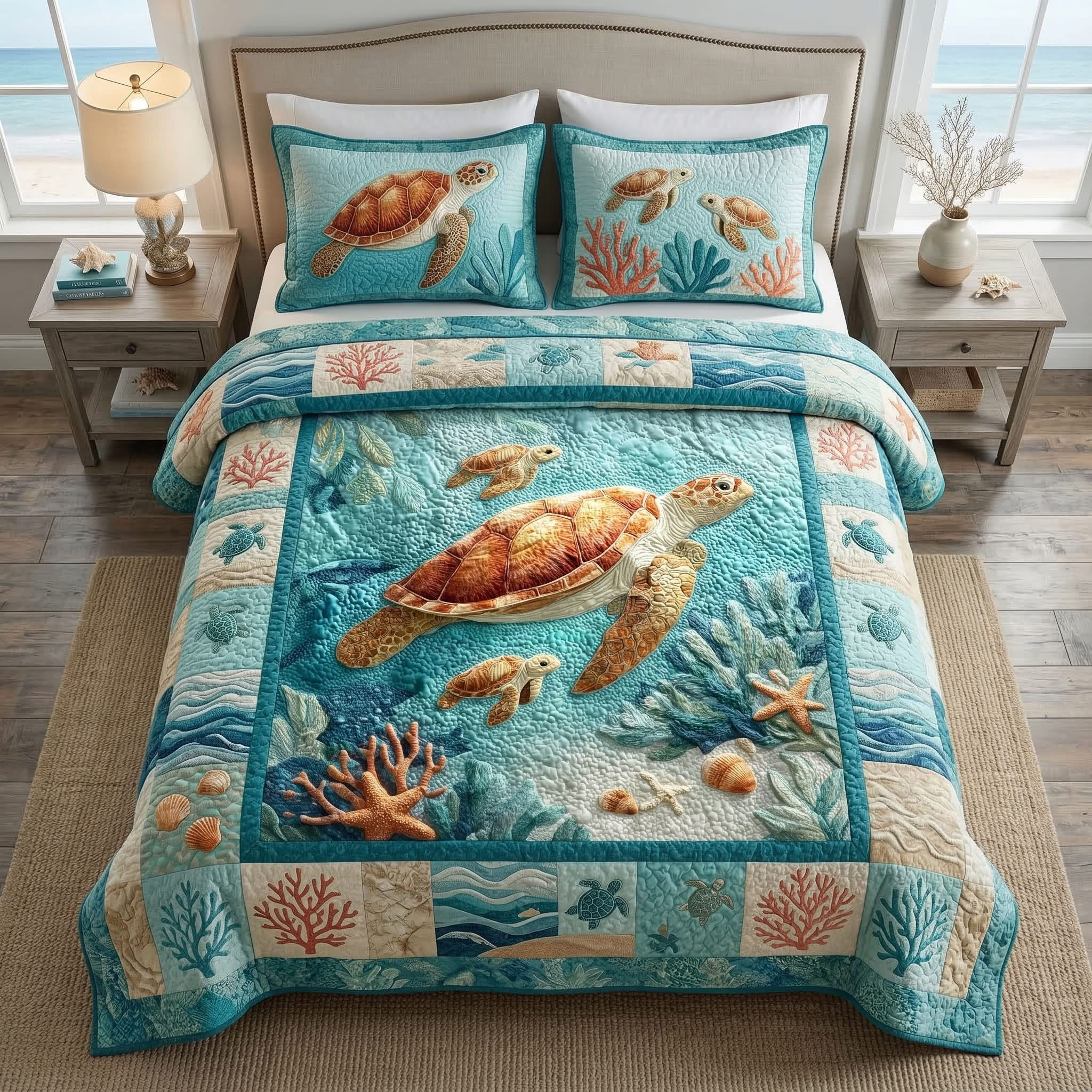 Sea Turtle Coral Reef Quilted Bedding Set Ocean Bedspread Set Father's Day Gifts For Grandpa