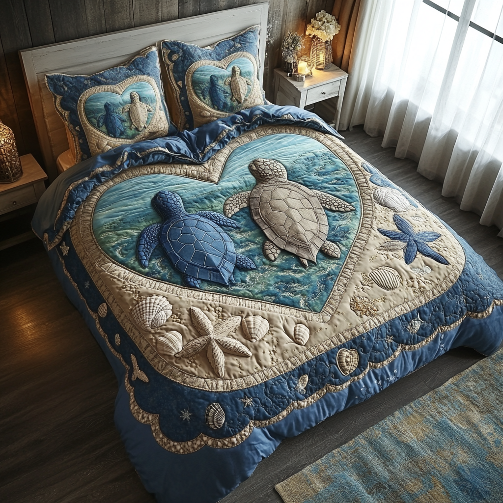 Sea Turtle Couple Quilted Bedding Set Best Comforter Sets Sea Turtle Merchandise