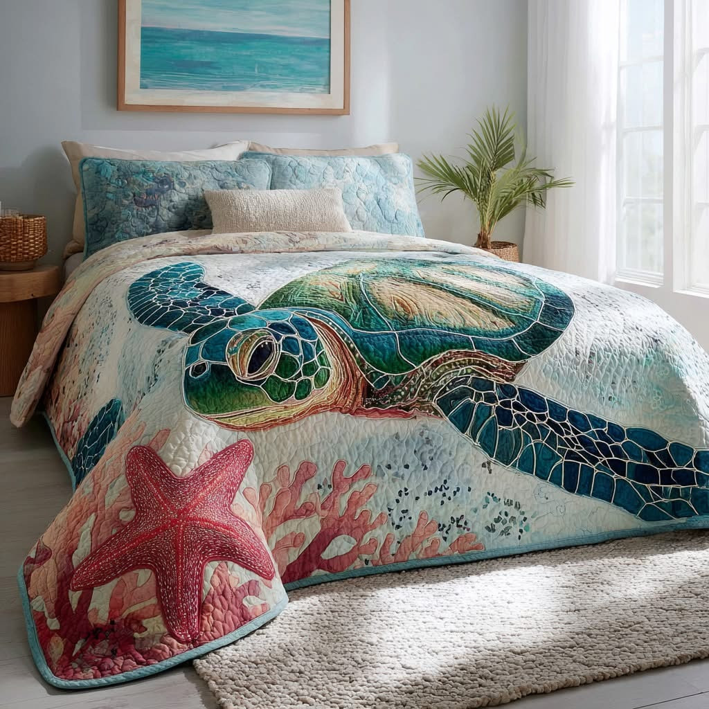 Sea Turtle Crimson Tide Quilted Bedding Set Ocean Themed Bedspread Set Gifts For Mother