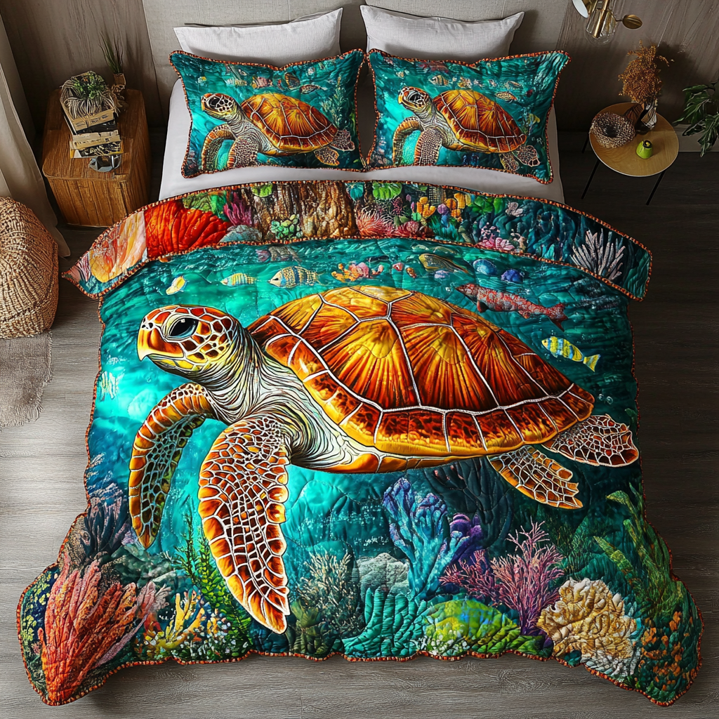 Sea Turtle Glow Quilted Bedding Set Cute Bed Sheets Turtle Merchandise