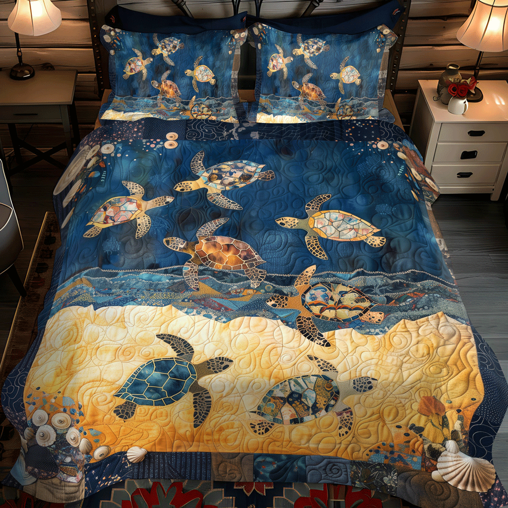 Sea Turtle Mingle Quilted Bedding Set Cute Bed Sheets Sea Turtle Gifts For Her