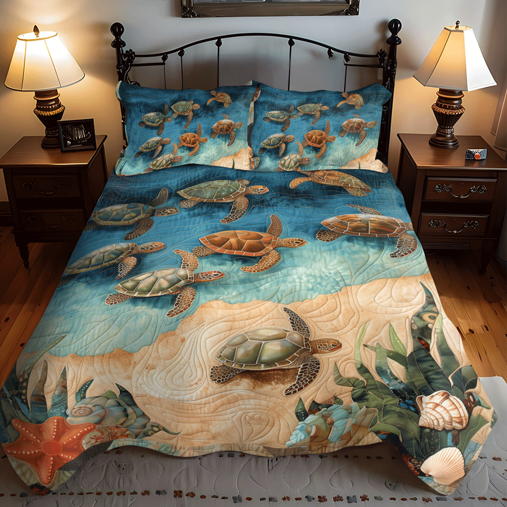 Sea Turtle Oasis Quilted Bedding Set Bed Sheet Set Unique Sea Turtle Gifts
