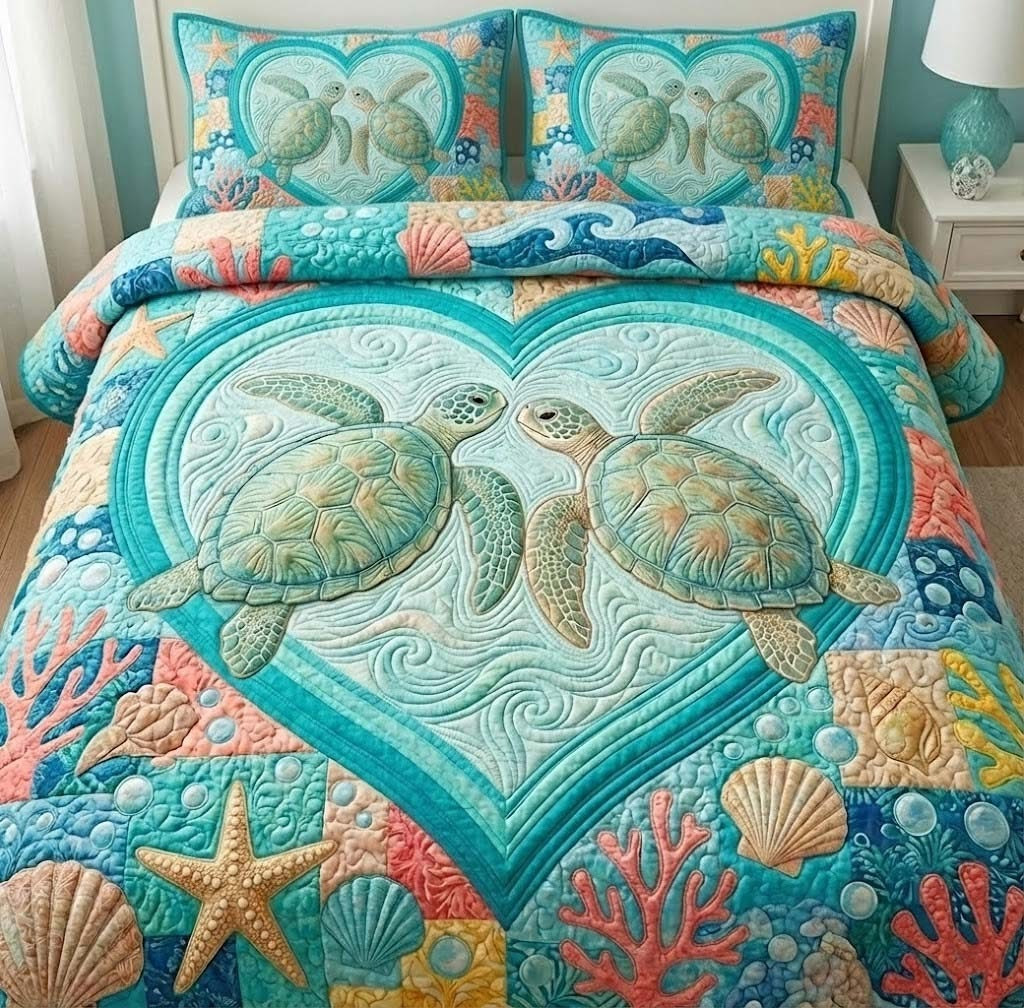 Sea Turtle Ocean Pair Quilted Bedding Set Bedspread Set Sea Turtle Themed Gifts For Wife