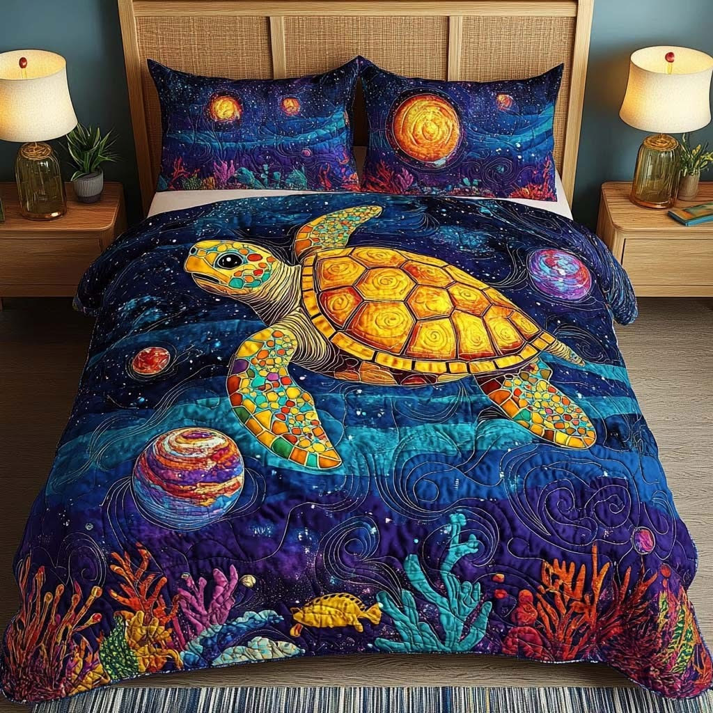 Sea Turtle Ocean Shell Journey Quilted Bedding Set Bed Decor Ideas Gifts For Sea Turtle Lovers