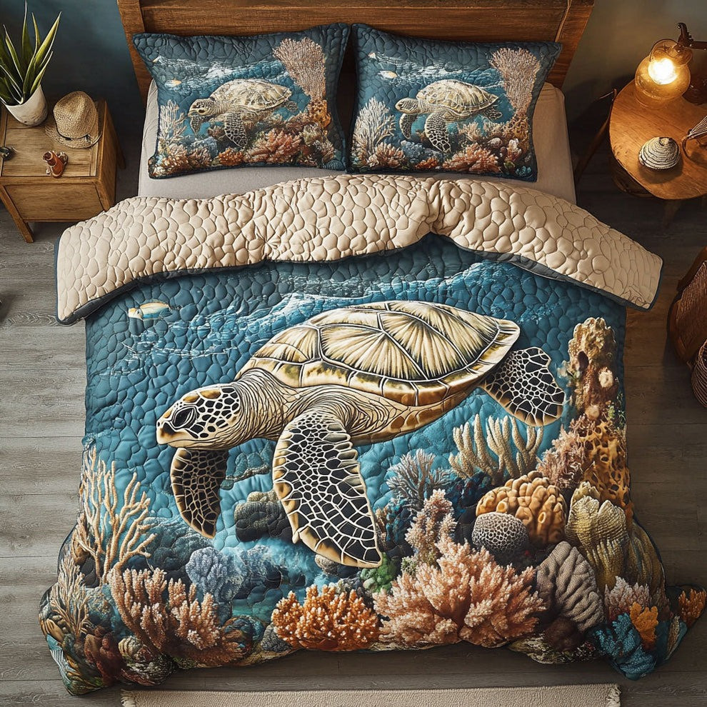 Sea Turtle Quilted Bedding Set Ocean Themed Bed Decor Gifts For Turtle Lovers