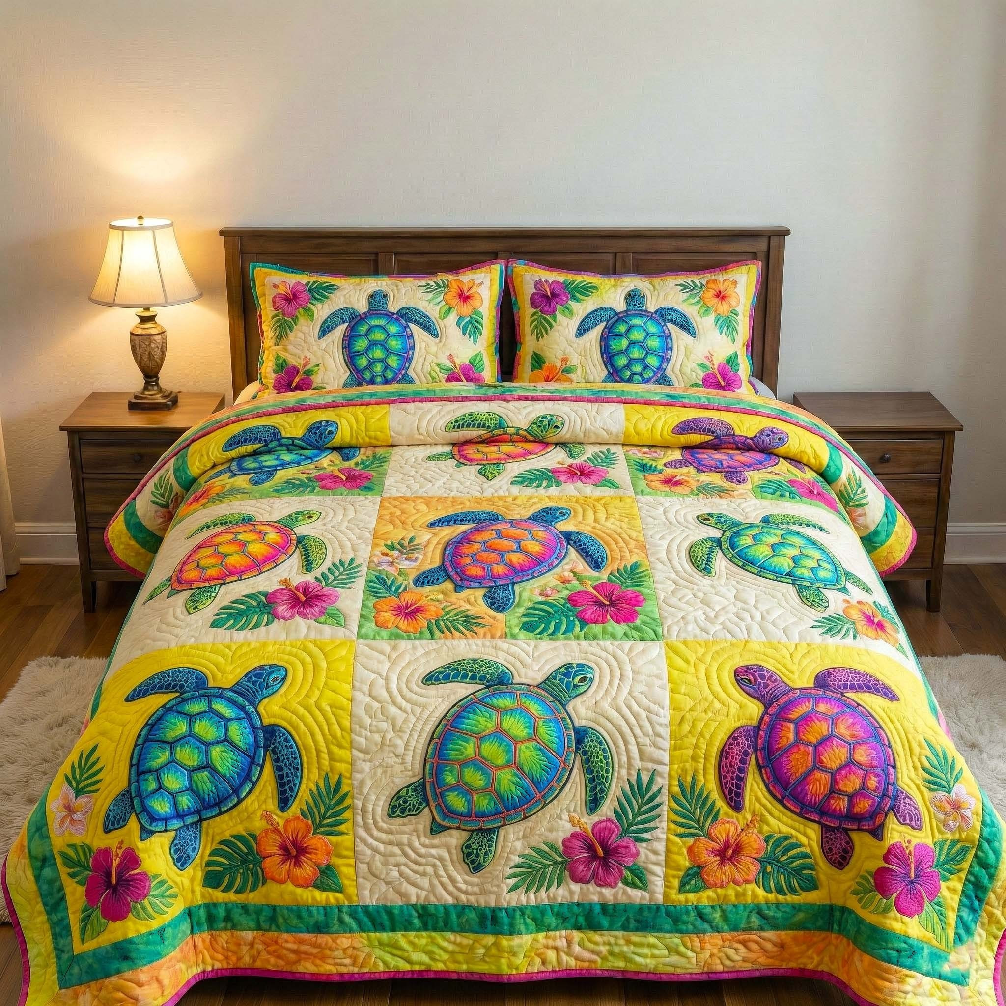 Sea Turtle Wanderer Quilted Bedding Set Tropical Themed Duvet Cover Set Bedding Decorations