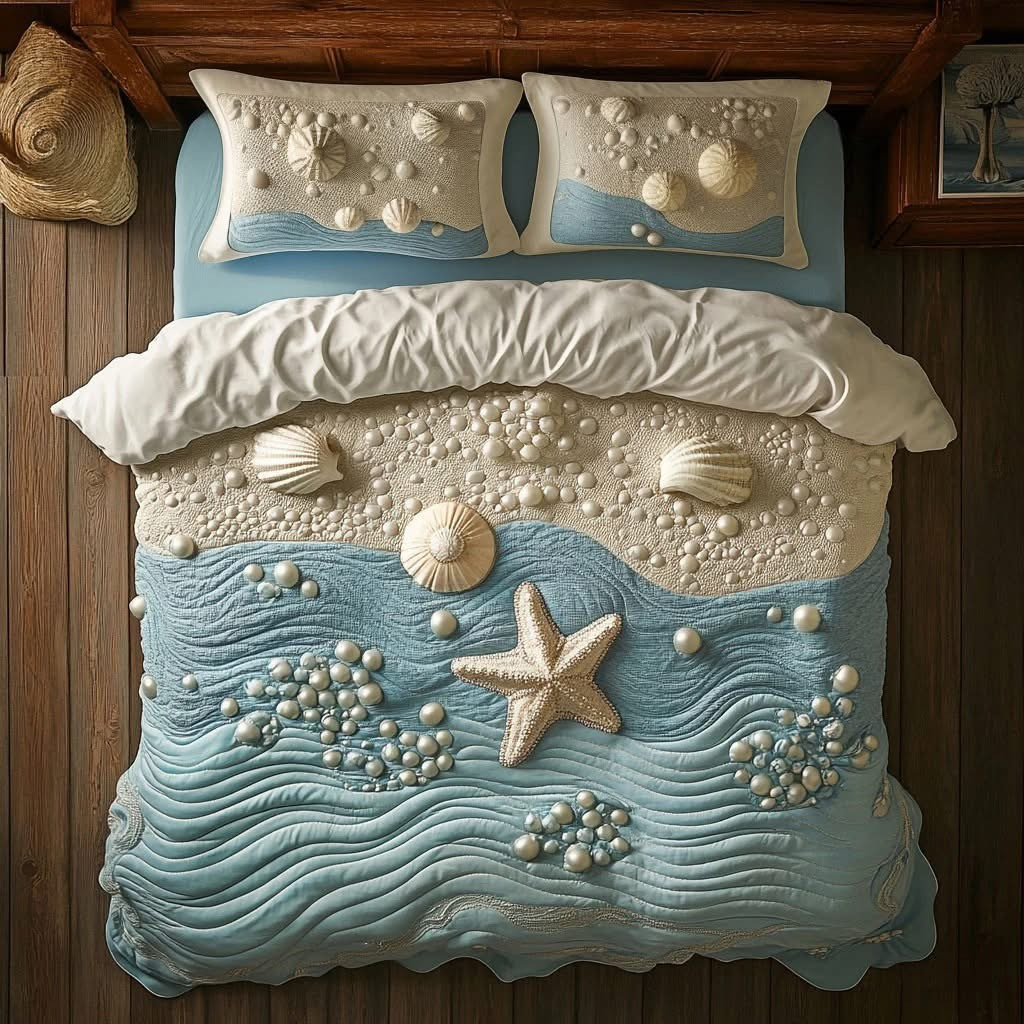 Seabreeze Pearl Beach Quilted Bedding Set Duvet Cover Ocean Beach Themed Gifts