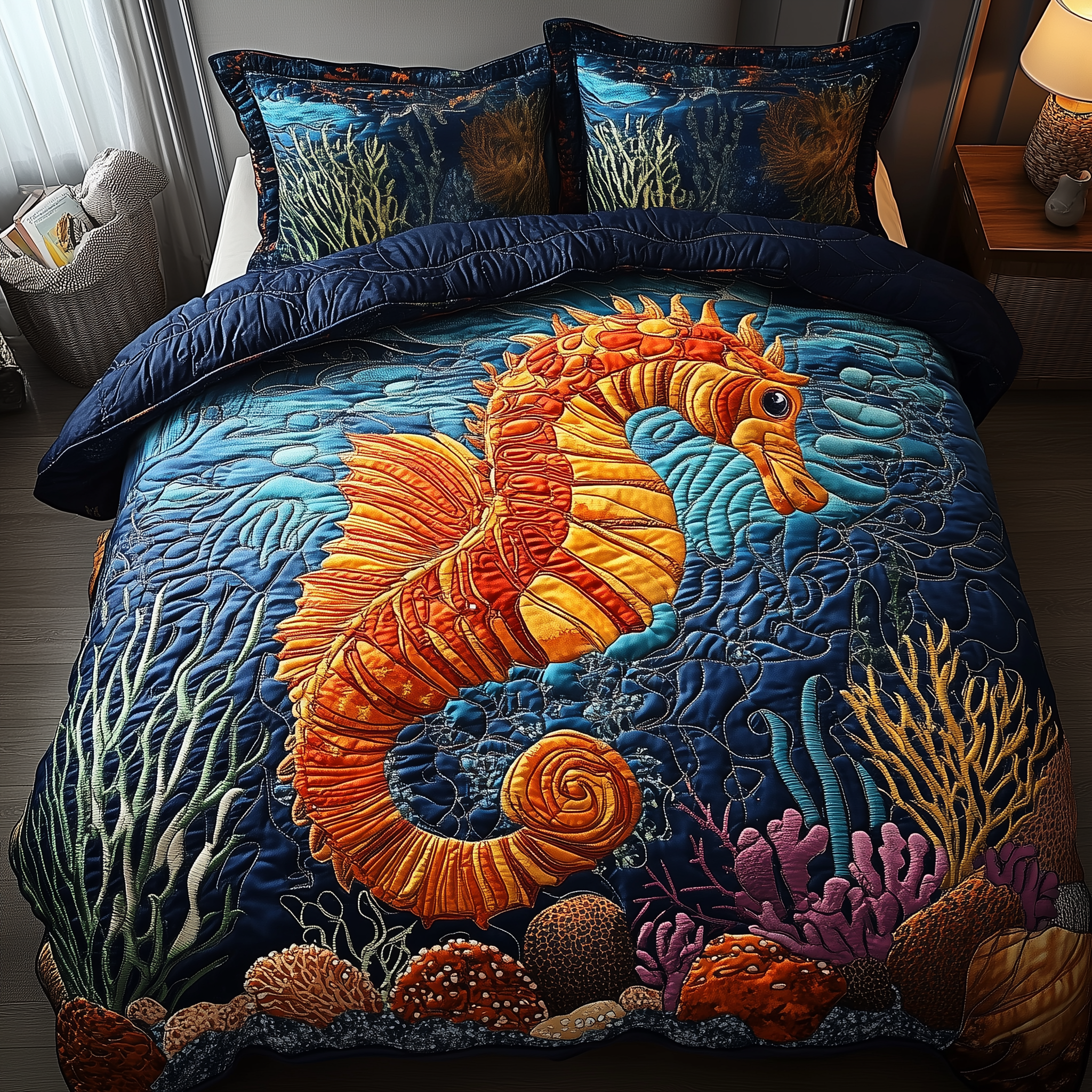 Seahorse Quilted Bedding Set Bed Comforter Set Best Gifts For Ocean Lovers