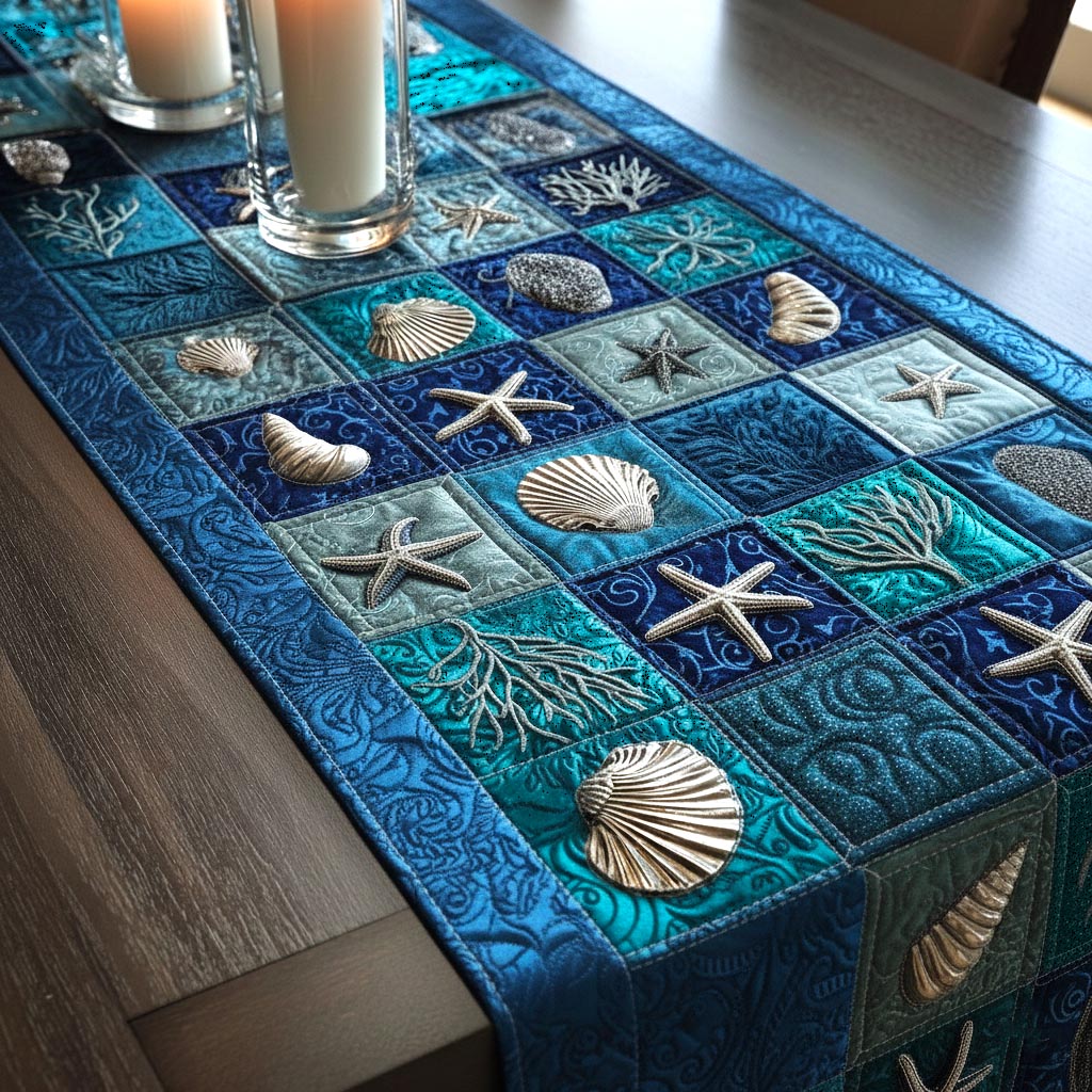 Seashell Calm Quilted Table Runner Coastal Table Runner Christmas Gifts For The Beach Lover