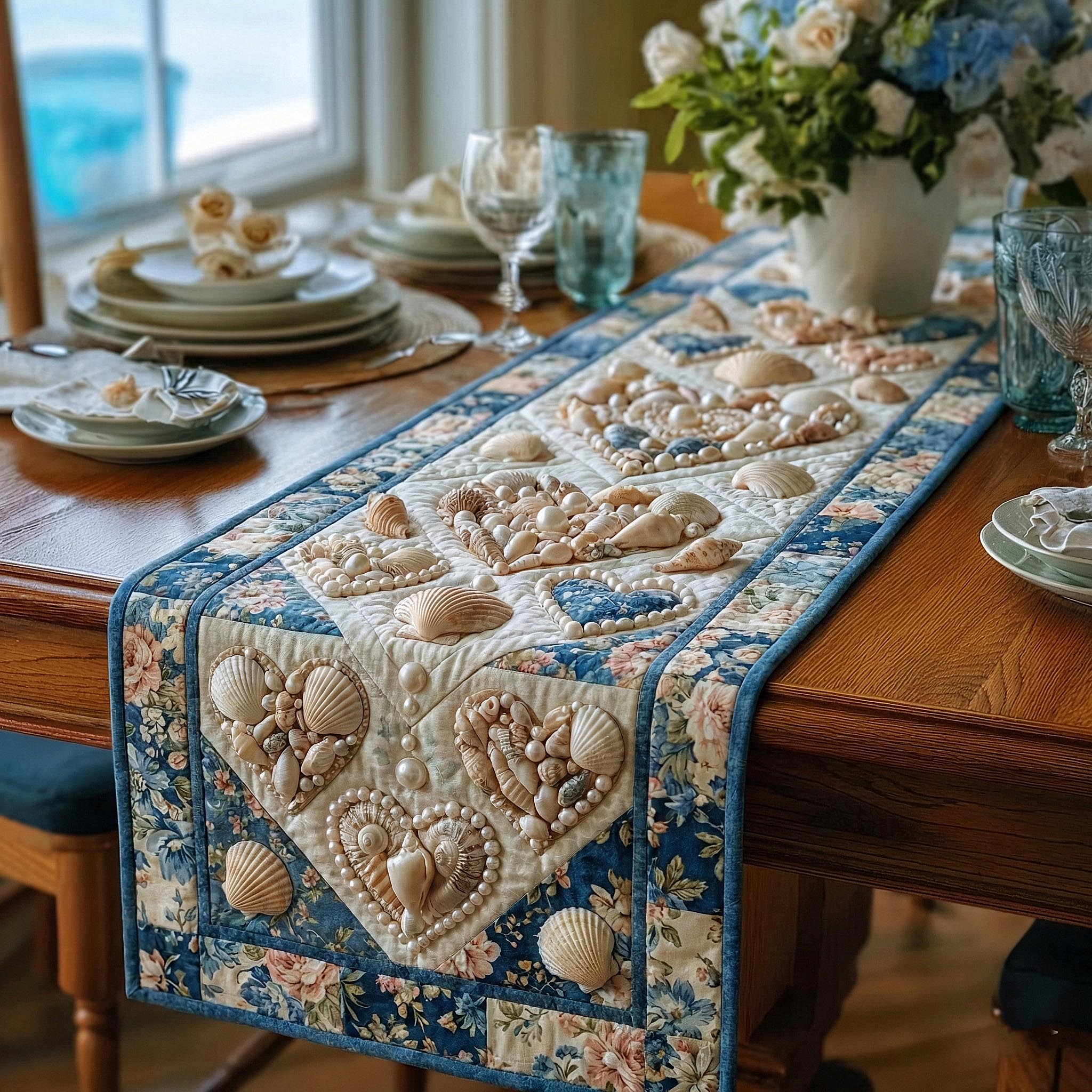 Seashell Romance Quilted Table Runner Table Runner Valentines Day Valentine Day Gift Ideas