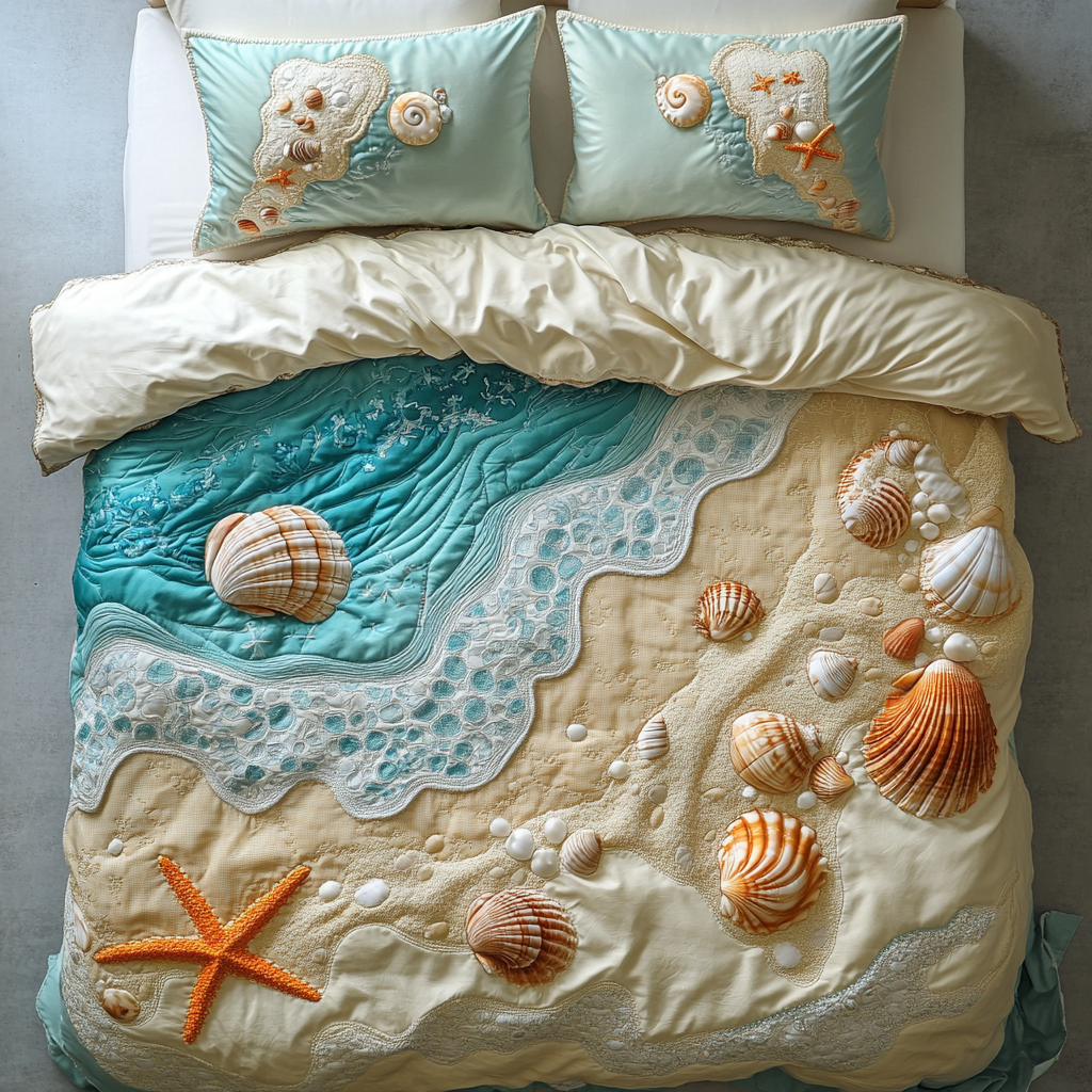 Seashell Shores Quilted Bedding Set Aesthetic Room Decor Gift Ideas For Beach Lovers