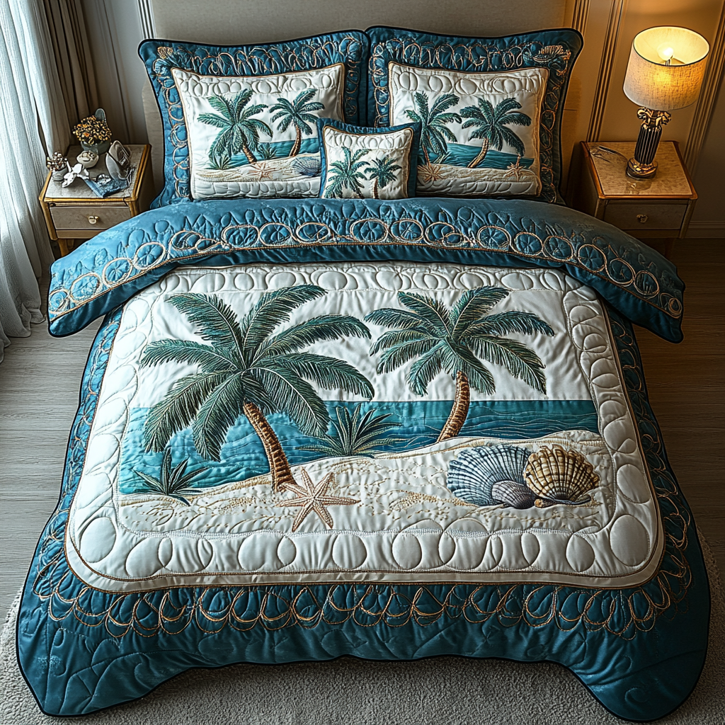 Seashells Palm Quilted Bedding Set Bed Decorations Beach Gifts For Women