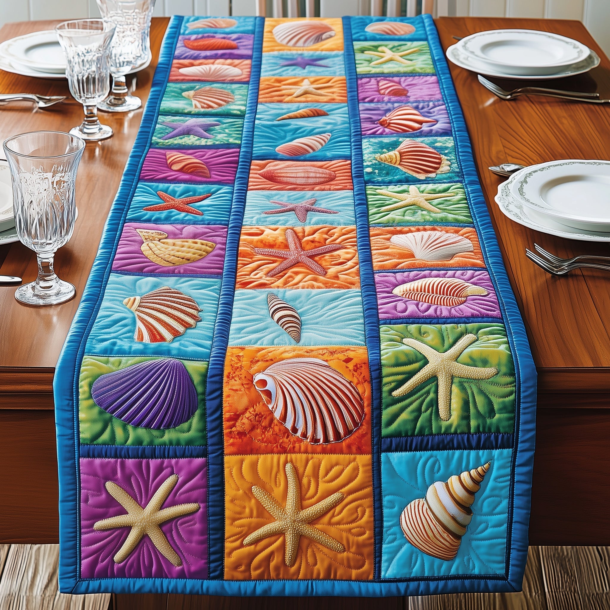 Seashells Quilted Table Runner Nautical Table Topper Presents For Ocean Lovers