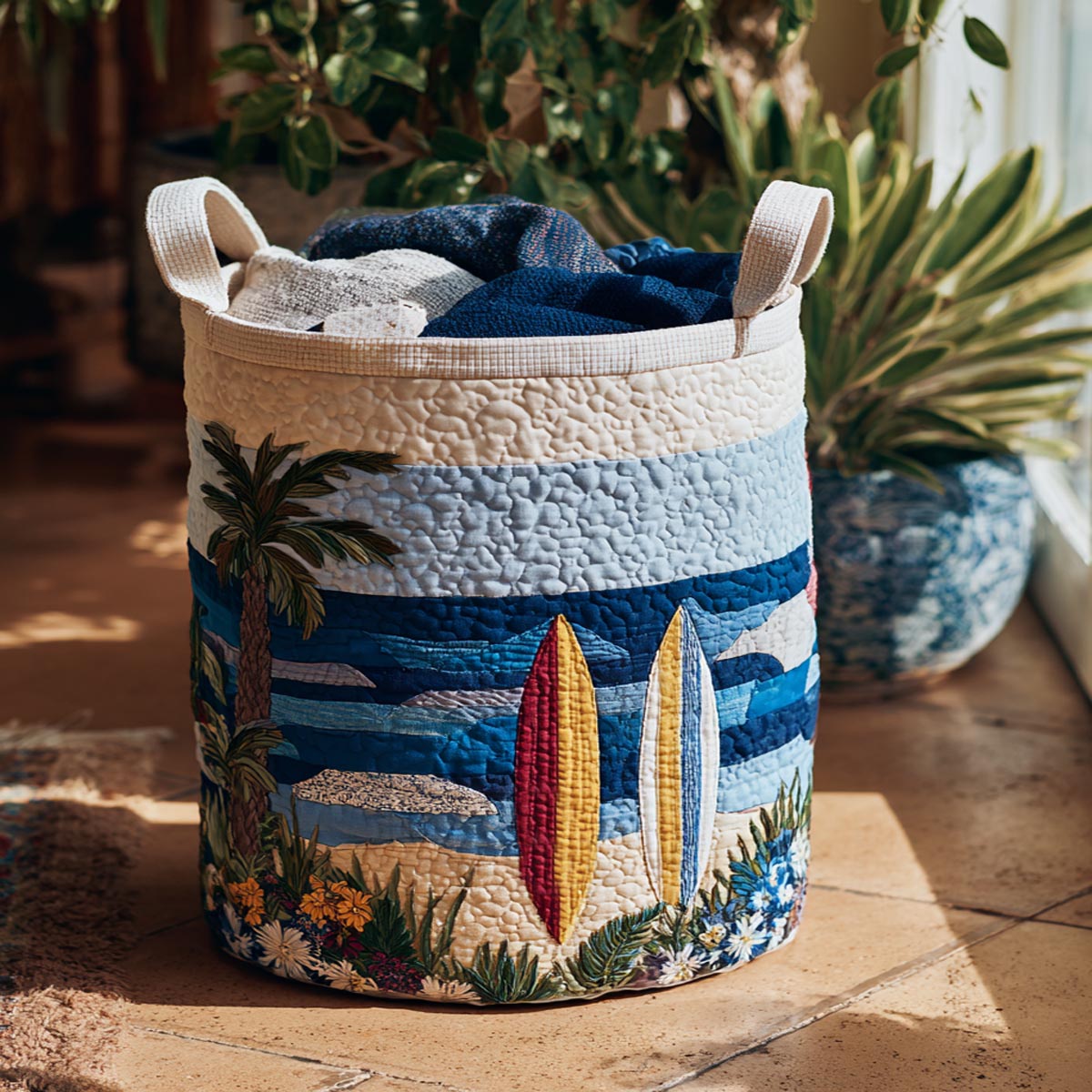 Seaside Calm Quilted Laundry Basket Best Dirty Clothes Hamper Gifts For Beach Goers